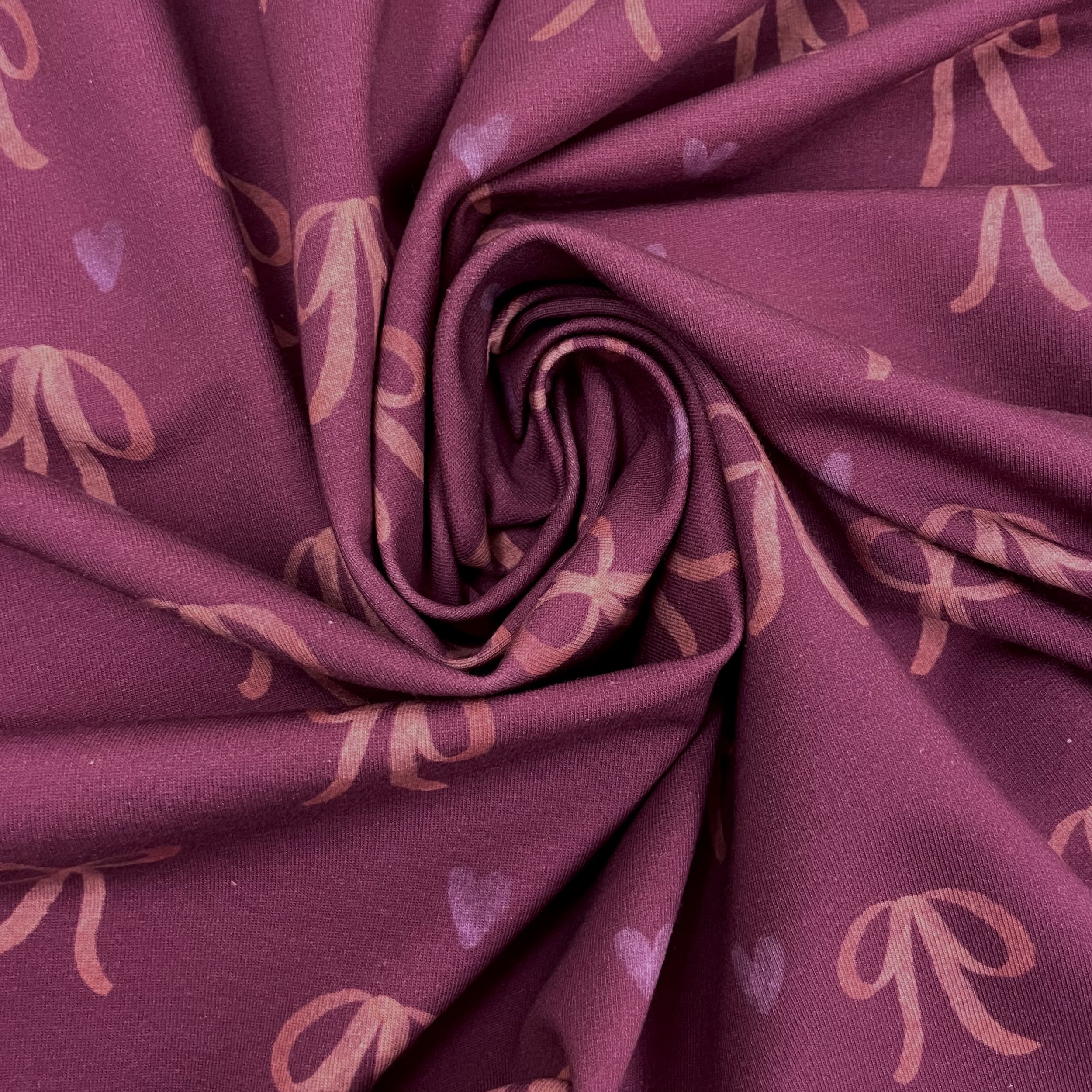 Hey Sew Sister - Bows and Hearts - Printed Super Soft Lightweight Sweatshirting Fabric - Wine and Pink 3.jpeg