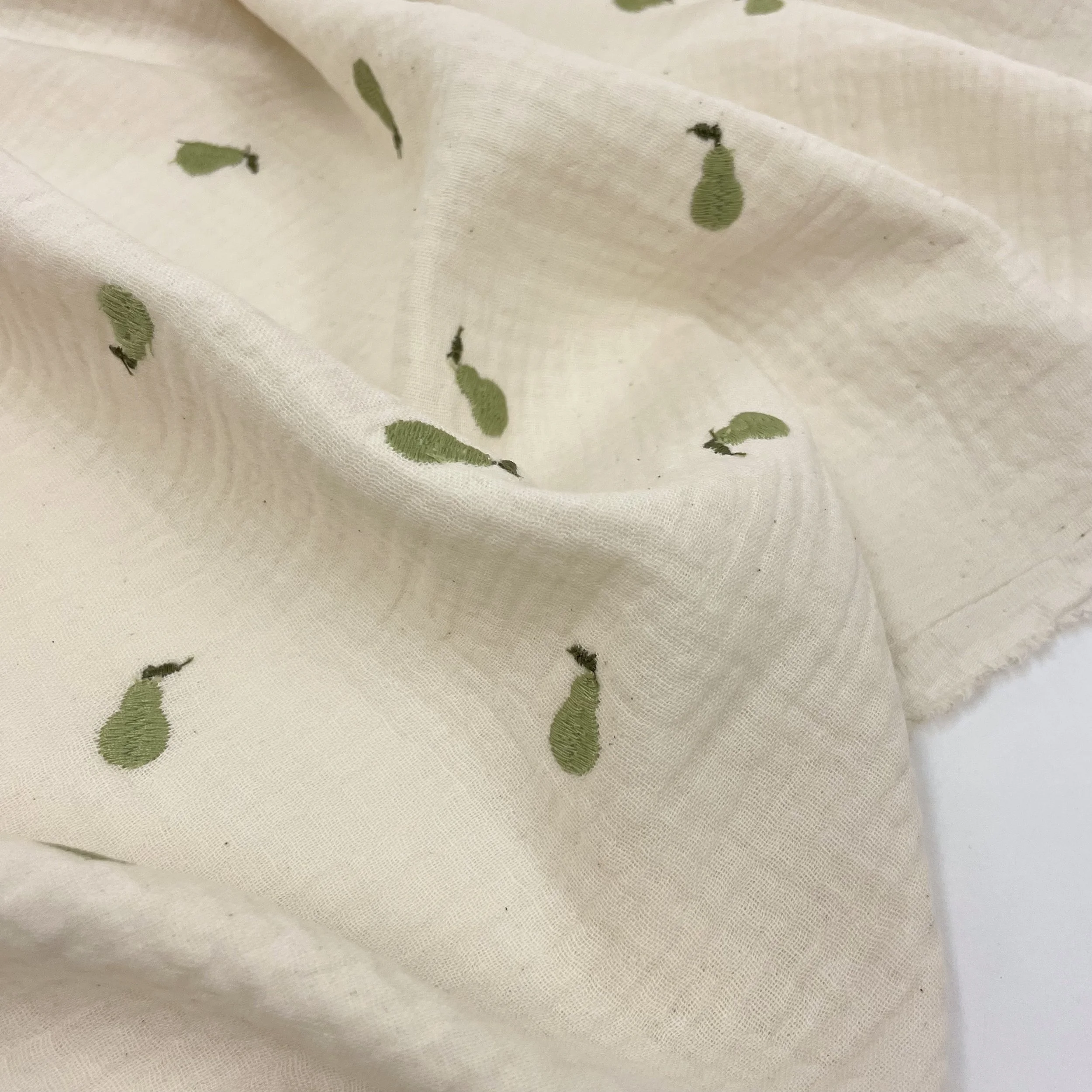 Hey Sew Sister - Green Pear Embroidered Natural Cotton Double Gauze Fabric for Sewing Dressmaking - Natural 3.jpeg