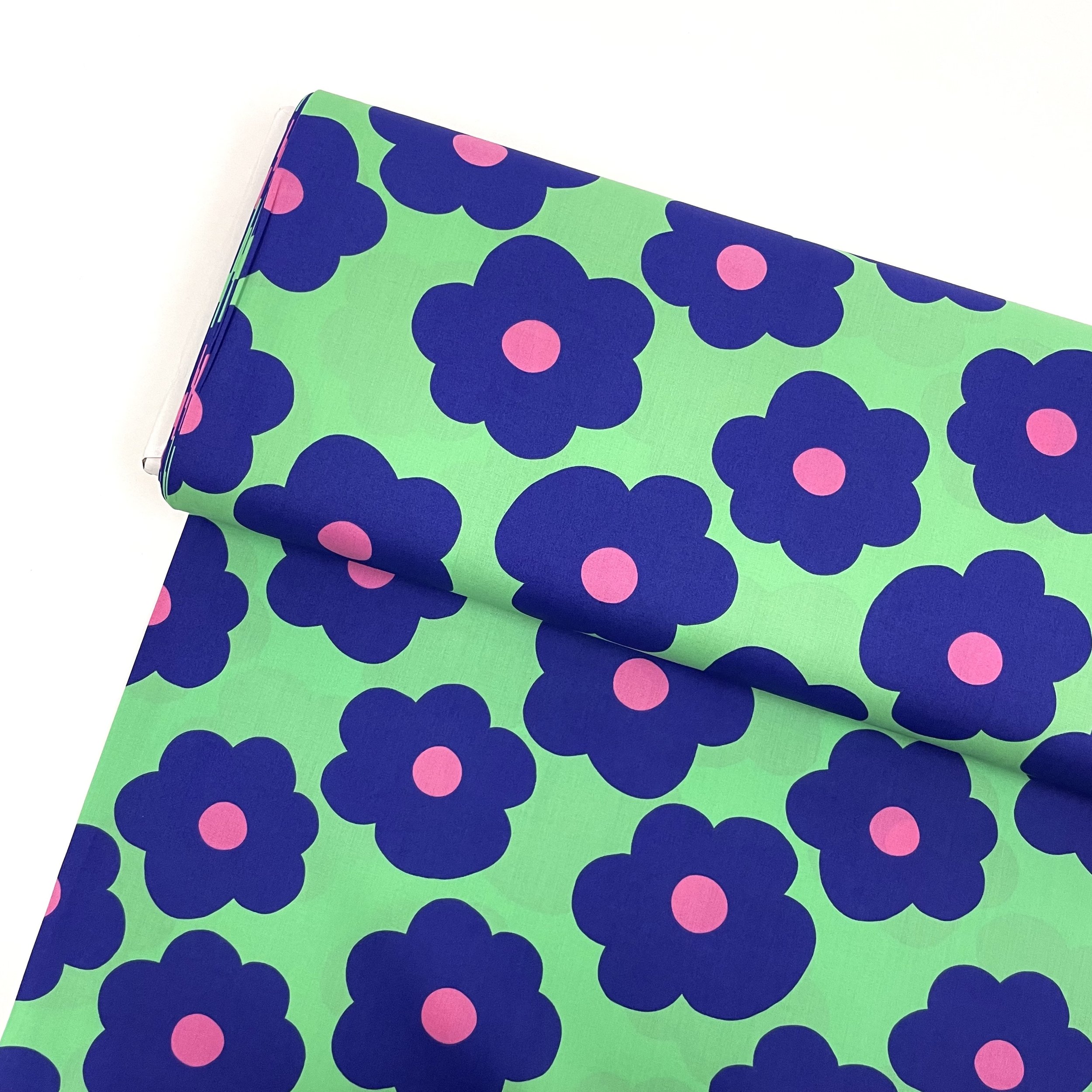 Hey Sew Sister - Nerida Hansen - Big Flower - Floral Printed Fine Cotton Poplin Fabric - Lime Green and Purple 1.jpeg