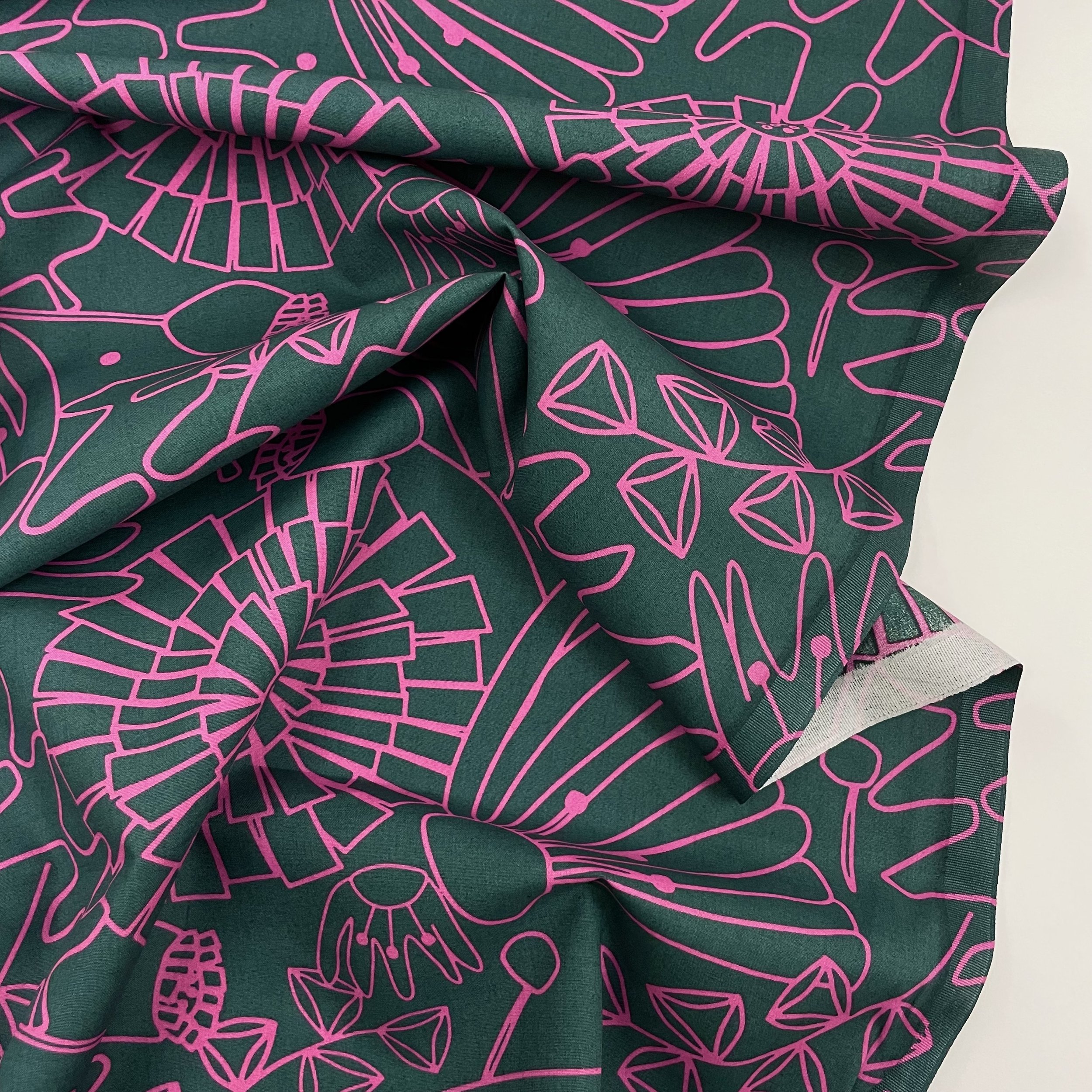 Hey Sew Sister - Nerida Hansen - Eden - Floral Line Drawn Printed Fine Cotton Poplin Fabric - Dark Green and Pink 2.jpeg