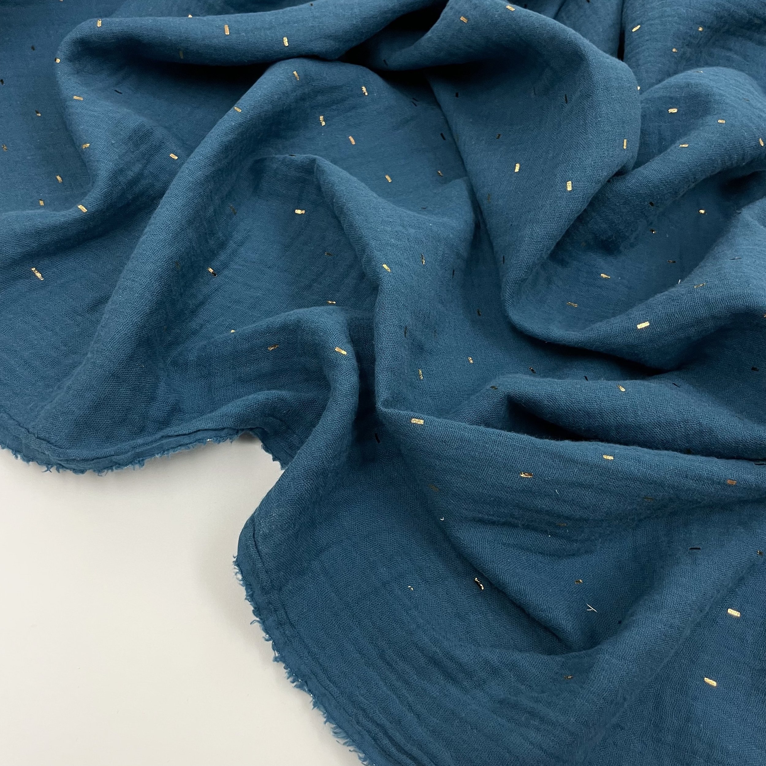 Hey Sew Sister - Sparkle - Gold Foil Sprinkle Printed Cotton Double Gauze Fabric Petrol Green 4.jpeg
