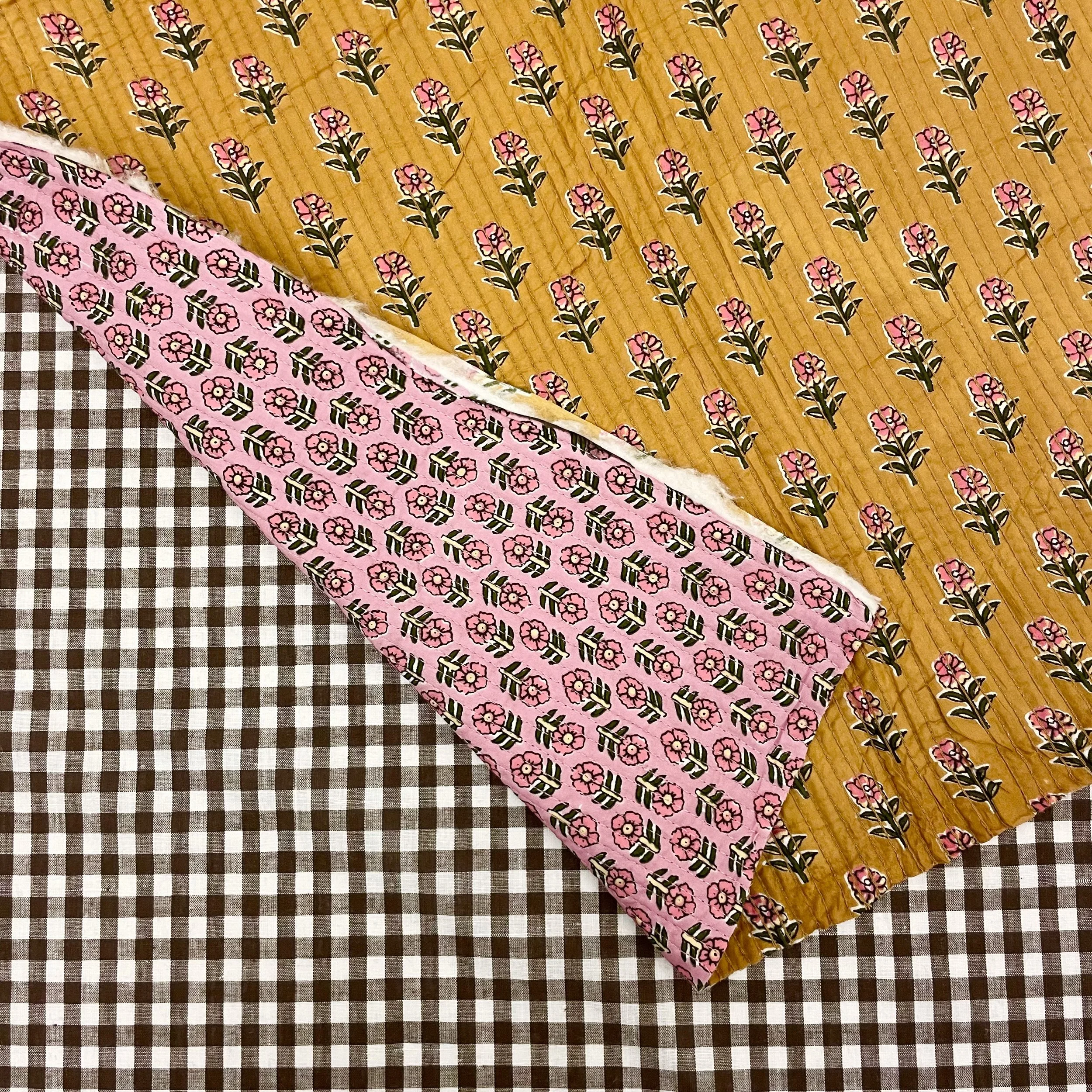 Hey Sew Sister - Double Sided Pre-Quilted Cotton Fabrcs - Block and screen printed Cotton - Marigold Yellow and Bubblegum Pink 1.jpeg