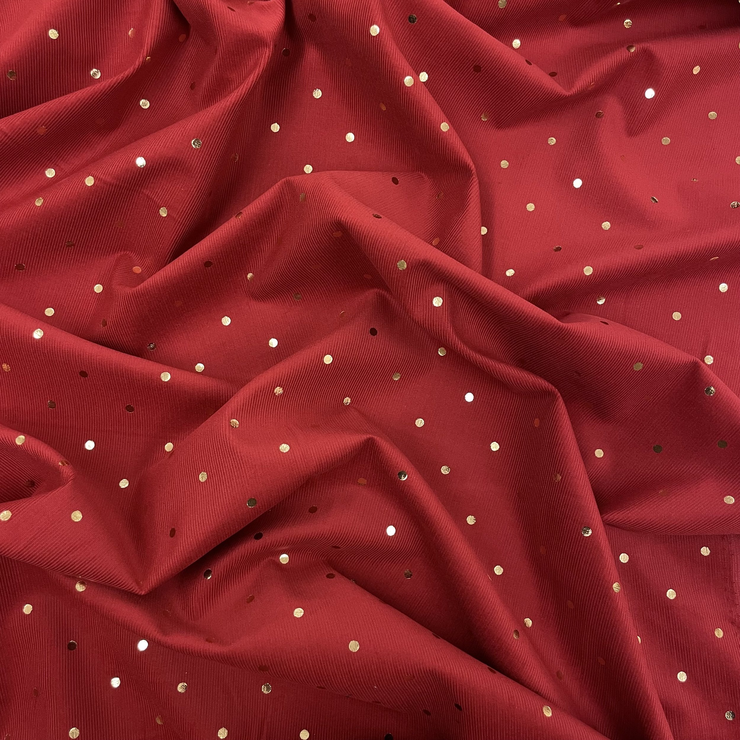 Hey Sew Sister - Elton - Navy Cotton Babycord Corduroy Fabric Printed with Gold Foil Polkadots Holly Berry Red 2.jpeg
