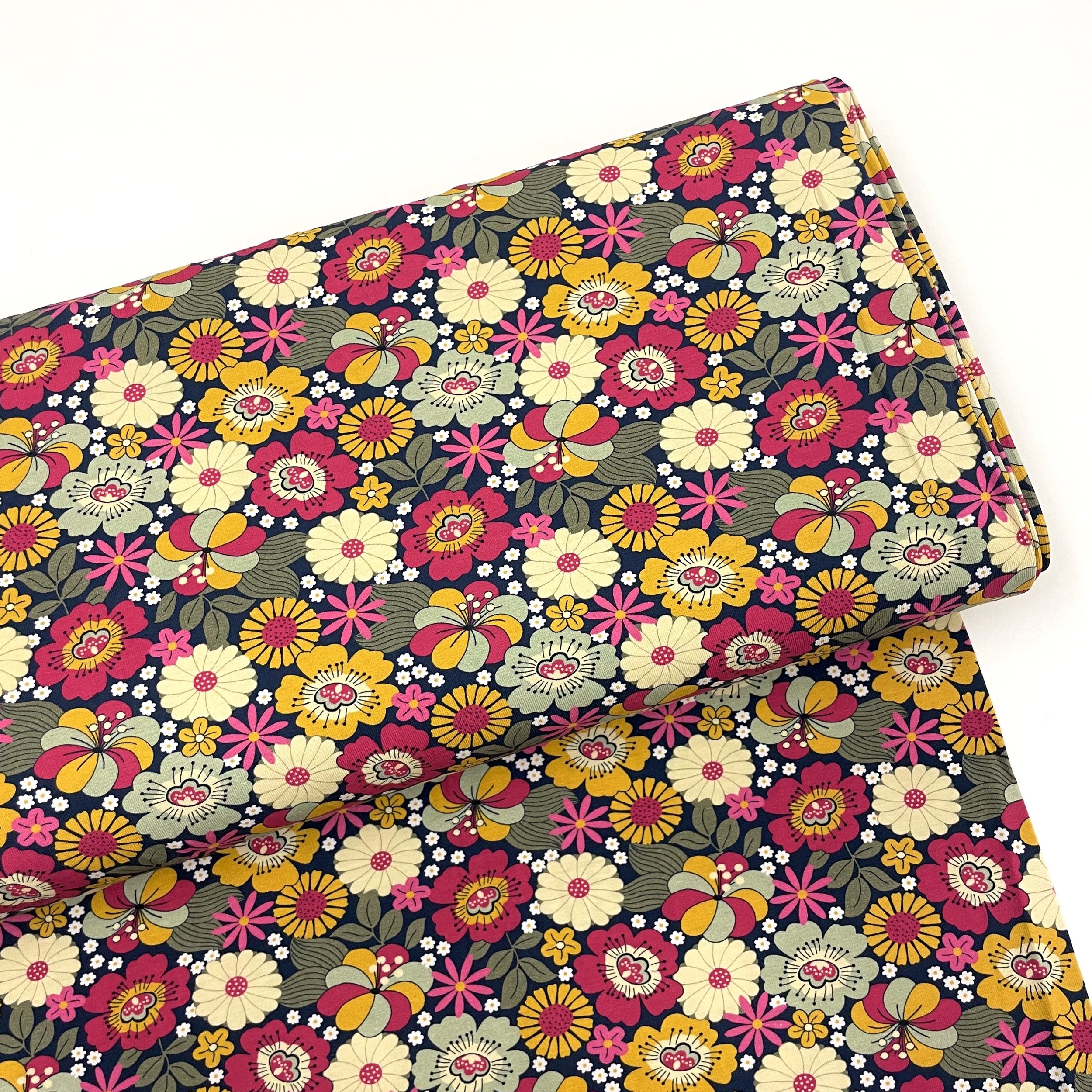 Hey Sew Sister - The Crafty Pie Autumn Winter Collection - Flower Child - Cotton Jersey - Retro Floral Print Cotton jersey fabric - Navy 1.jpeg
