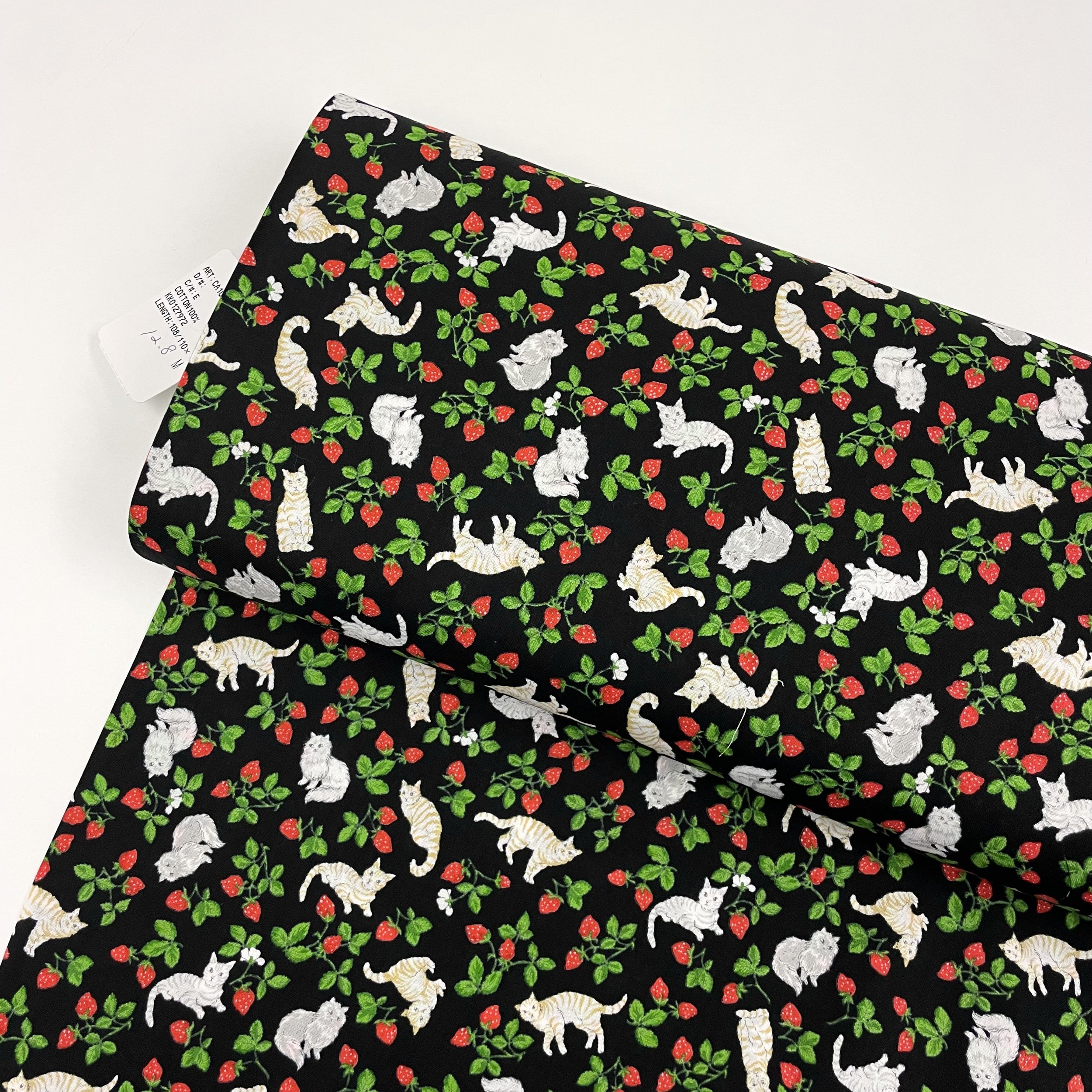 Hey Sew Sister - Strawberry Cats Printed Cotton Fabric - Black 1.jpeg