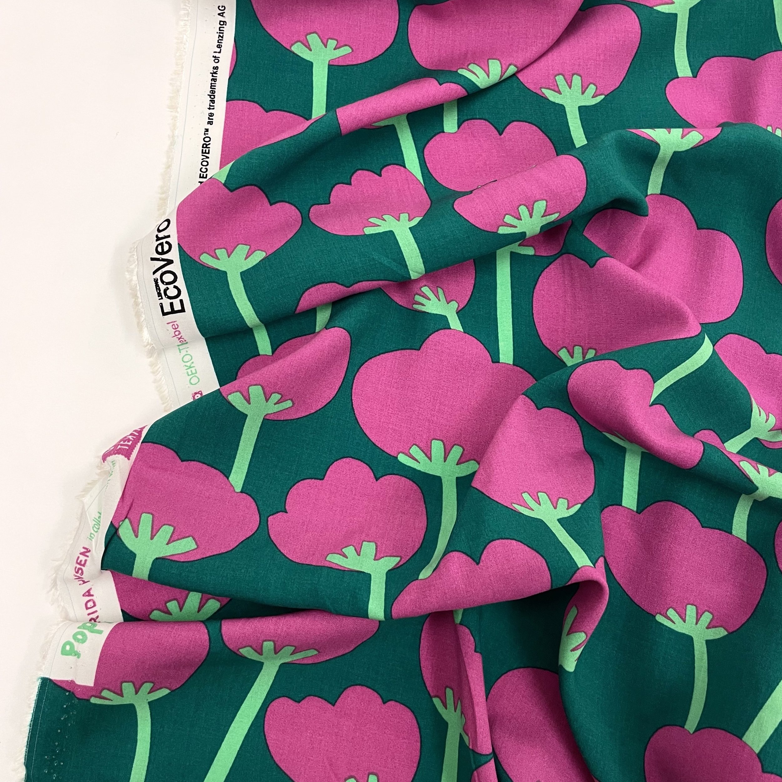 Hey Sew Sister - Nerida Hansen - Poppies - Lenzing EcoVero Viscose Lawn - Dark Green and Pink Graphic Floral Print Viscose Fabric 2.jpeg