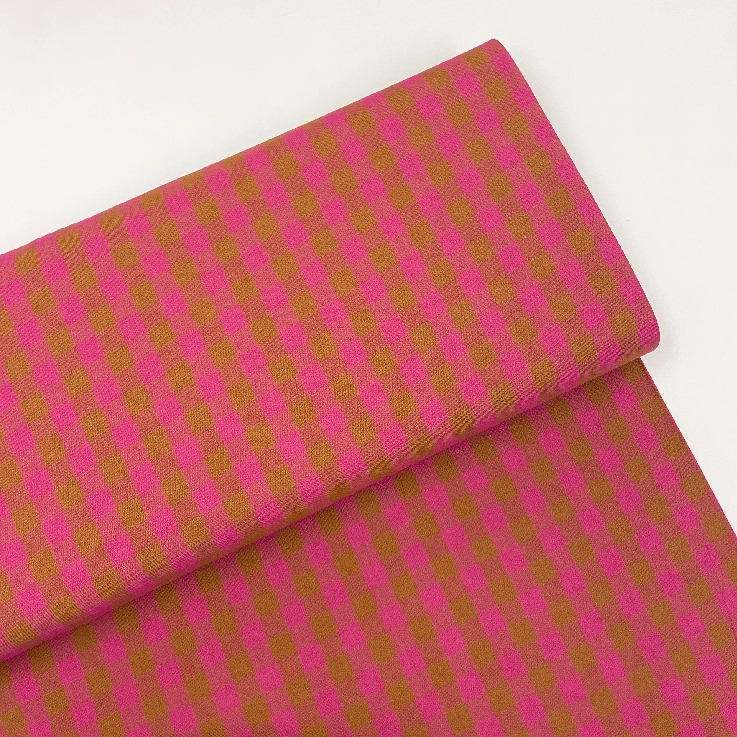 Hey Sew Sister - Yarn Dyed Cotton Gingham Plaid Fabric - Pink and Cognac - Rhubarb 1.jpeg