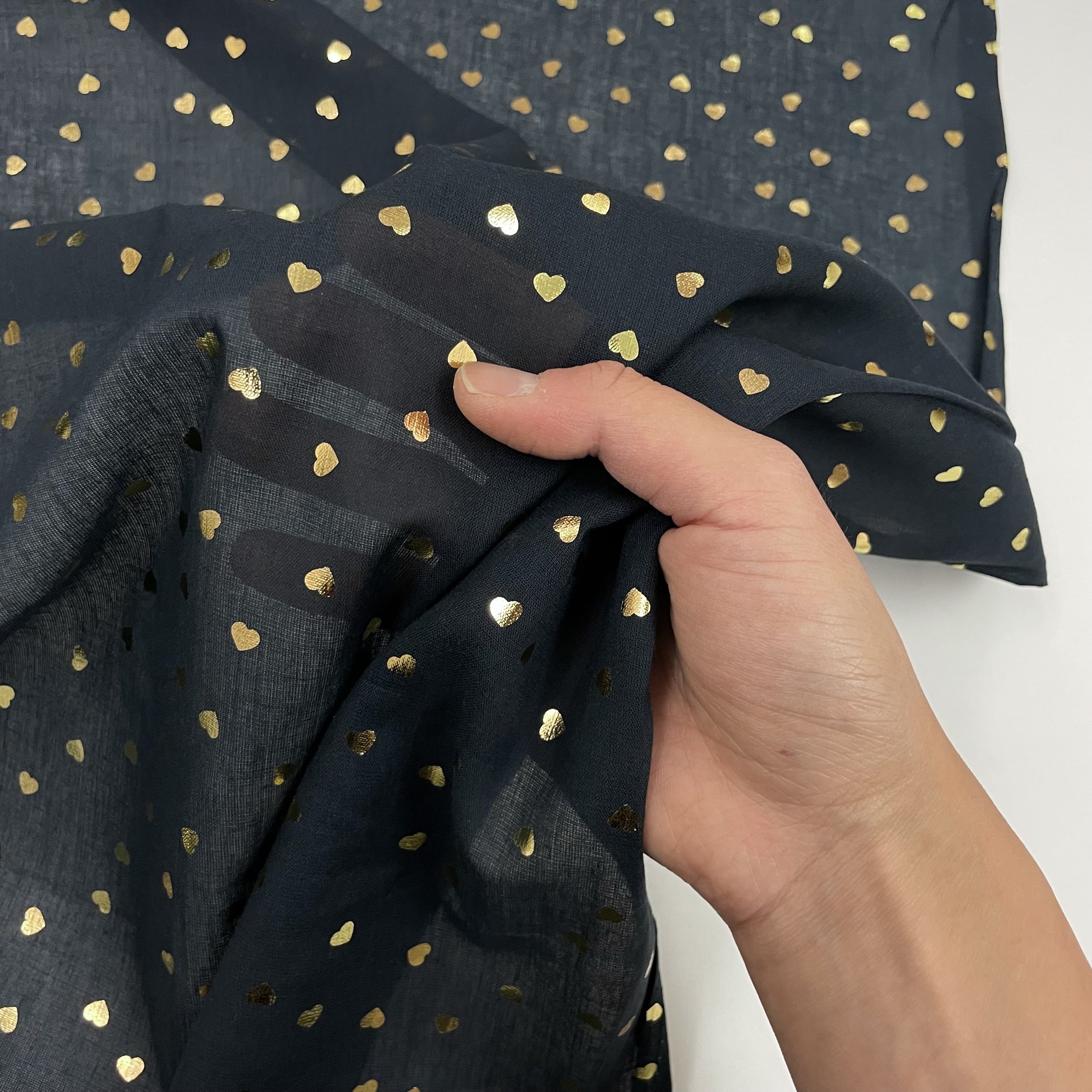 Hey Sew Sister - Nancy - Gold Hear Foil Printed Navy Cotton Voile Fabric 3.jpeg