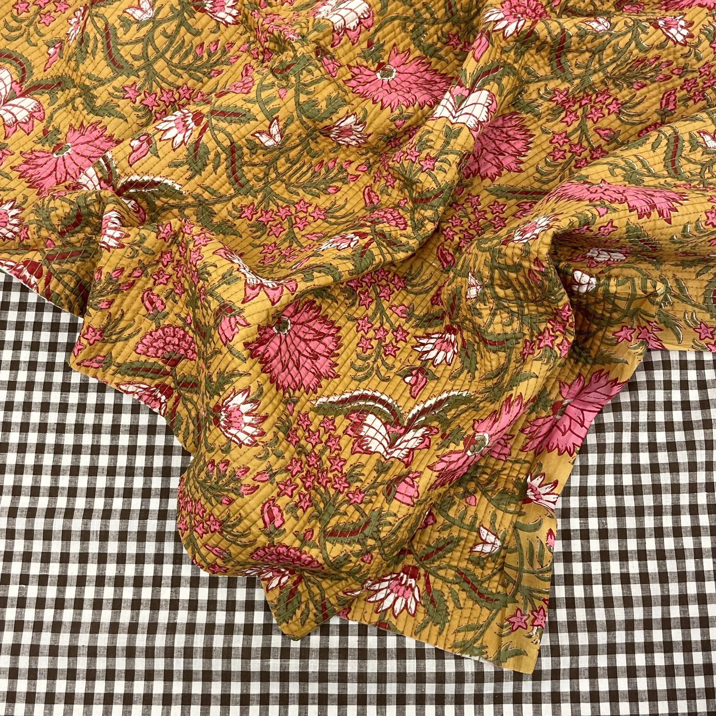 Hey Sew Sister - Double Sided Pre-Quilted Cotton Fabrcs - Block and screen printed Cotton - Saffron Yellow & Forest Green Pink 4.jpeg