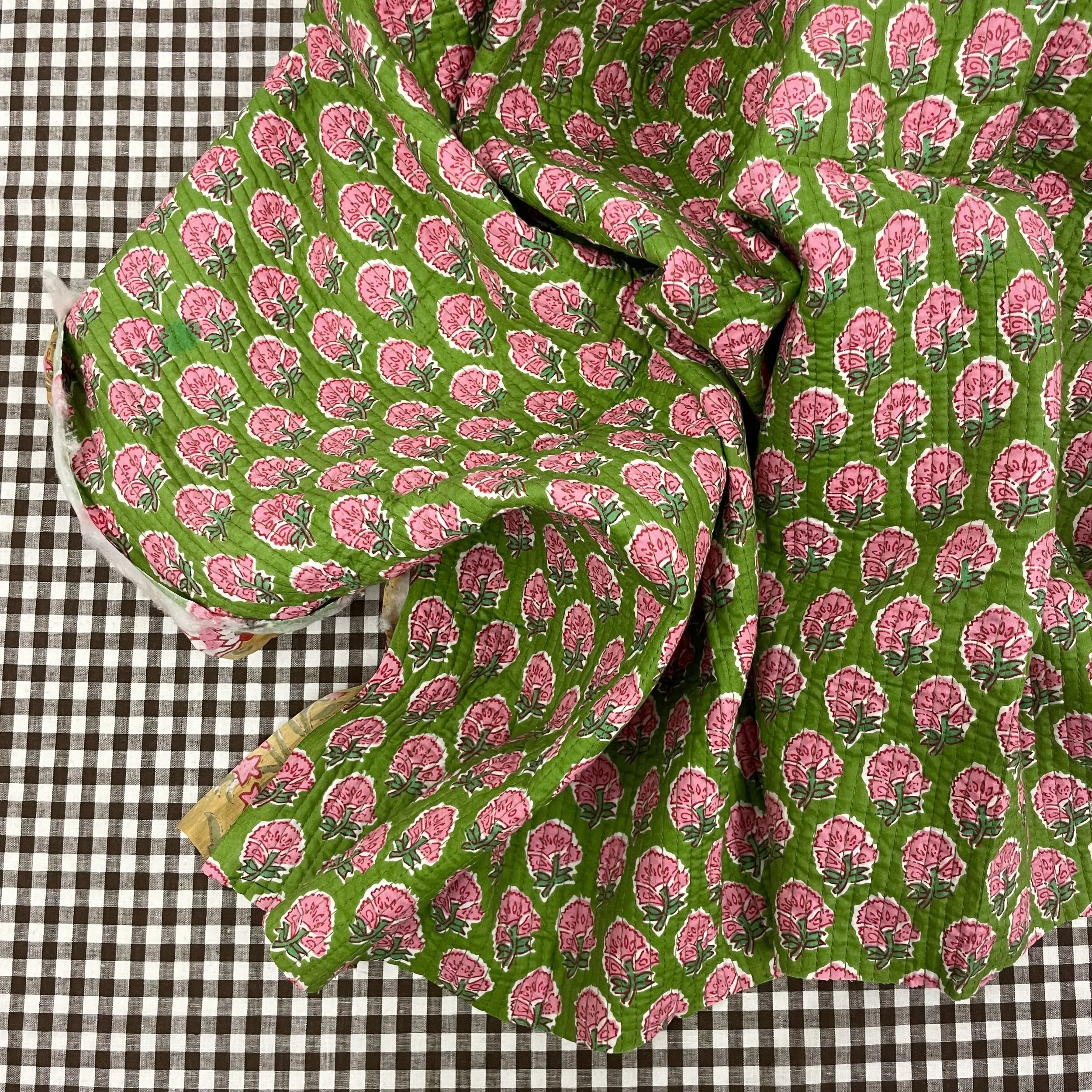Hey Sew Sister - Double Sided Pre-Quilted Cotton Fabrcs - Block and screen printed Cotton - Saffron Yellow & Forest Green Pink 3.jpeg