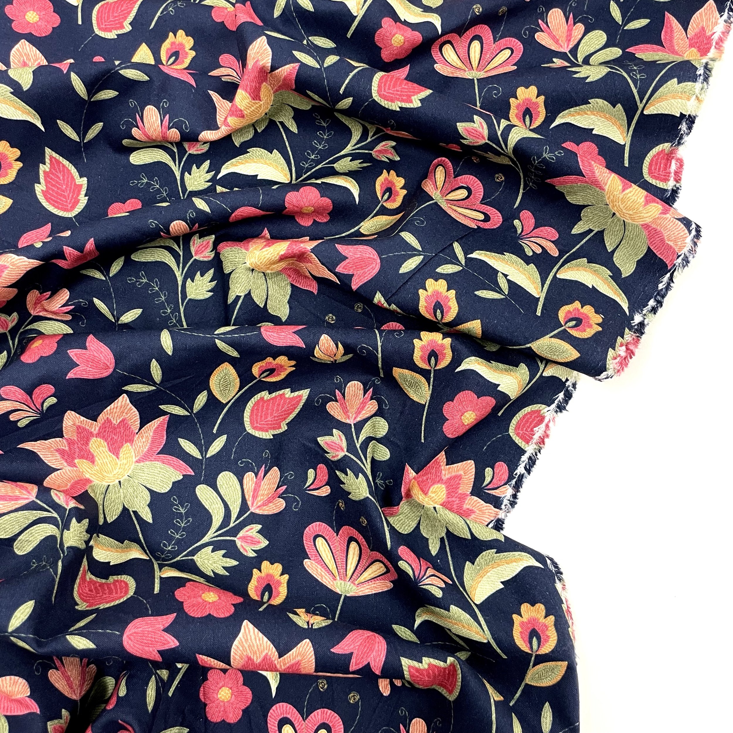 Hey Sew Sister - The Crafty Pie Autumn Winter Collection - Folk Embroidery Print Cotton Viscose Fabric - Vintage Floral Print fabric - Navy 2.jpeg
