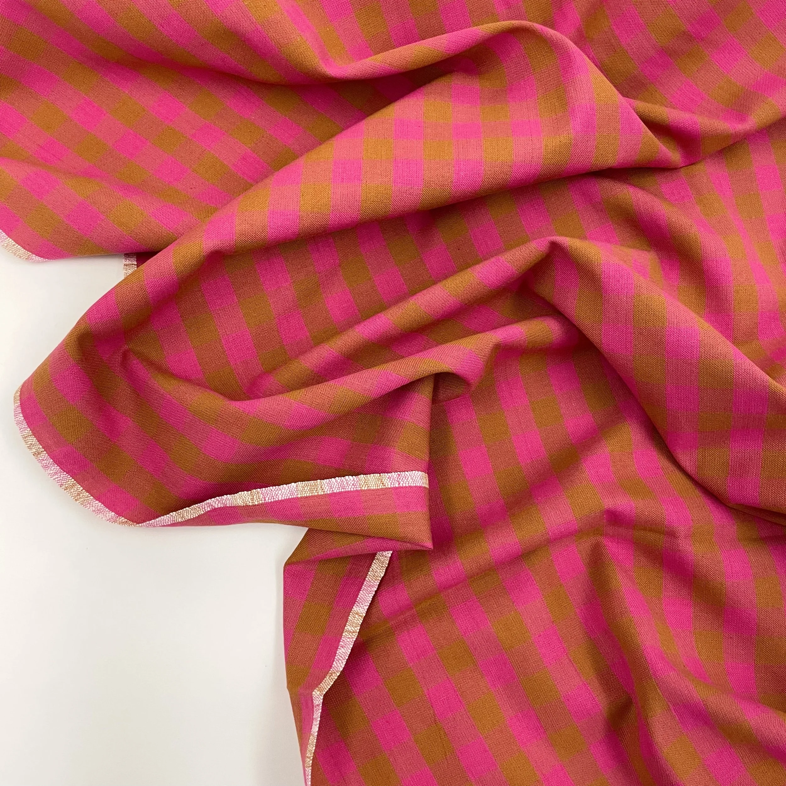 Hey Sew Sister - Yarn Dyed Cotton Gingham Plaid Fabric - Pink and Cognac - Rhubarb 2.jpeg