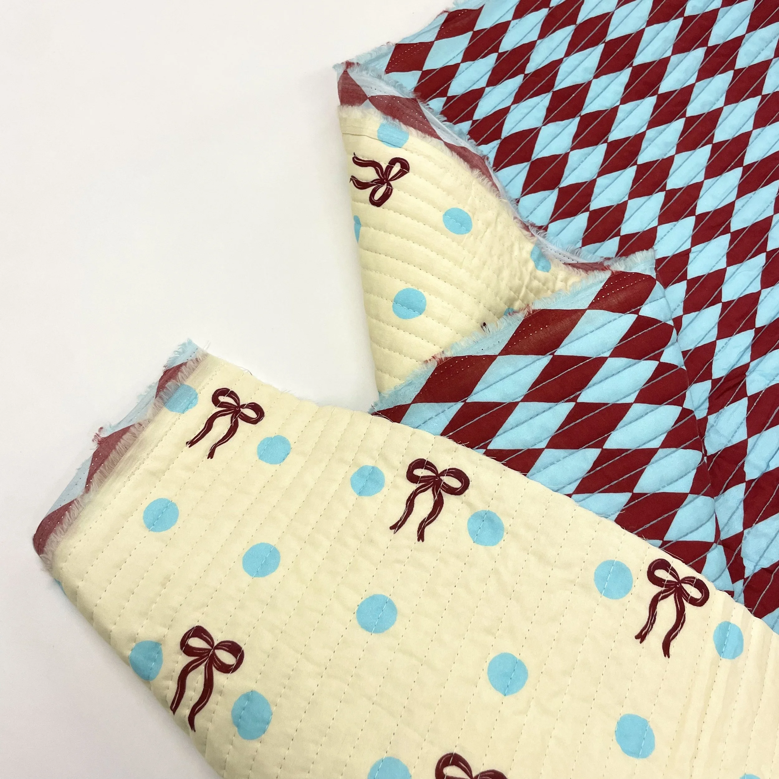 Hey Sew Sister - Exclusive Design - Bow Dot Harlequin Print Burgundy and Blue Quilted Cotton Fabric 1.jpeg