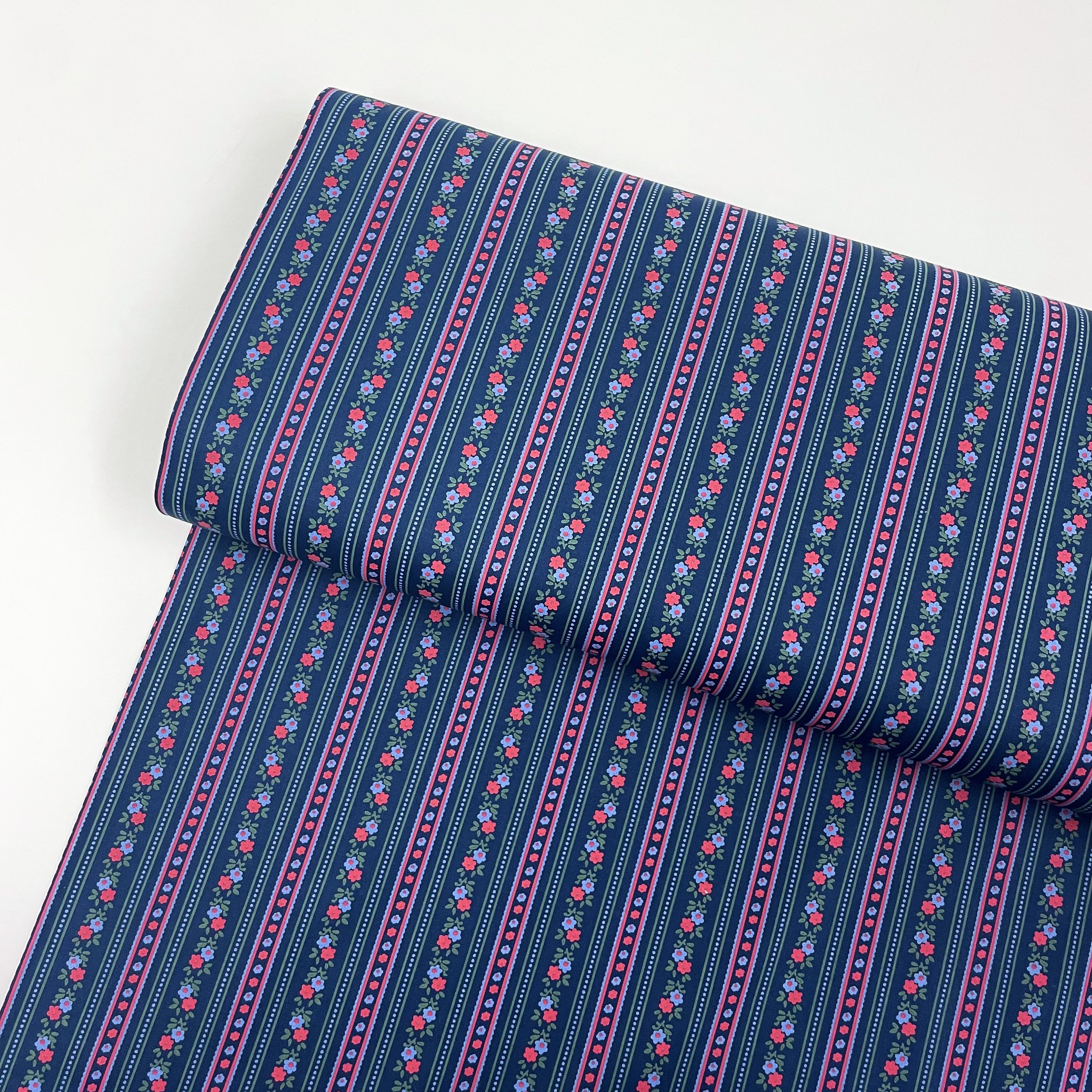 Margot - Wallpaper Floral Stripe Print Cotton Poplin Fabric - Navy 1.jpeg