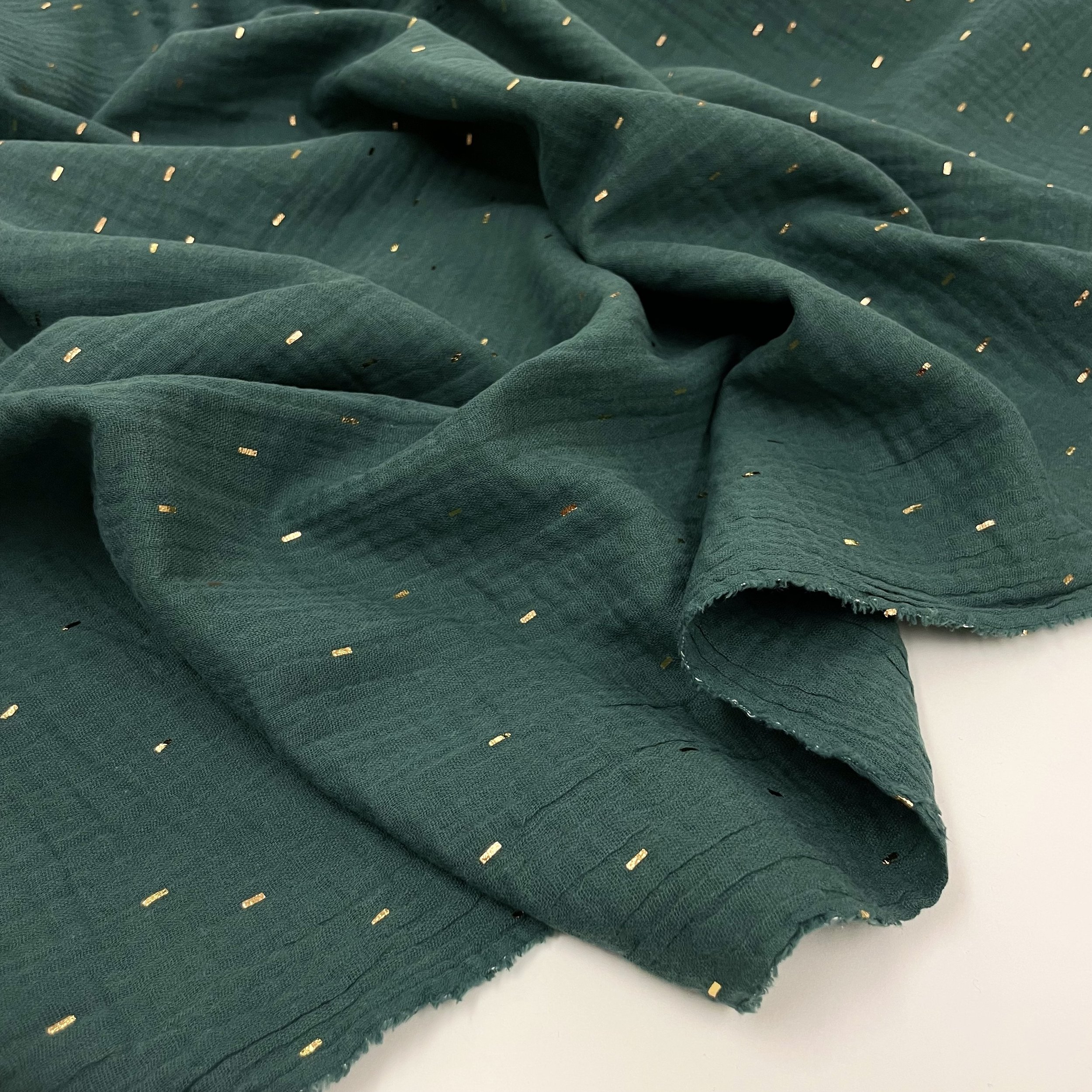 Hey Sew Sister - Sparkle - Gold Foil Sprinkle Printed Cotton Double Gauze Fabric Green Spruce 4.jpeg