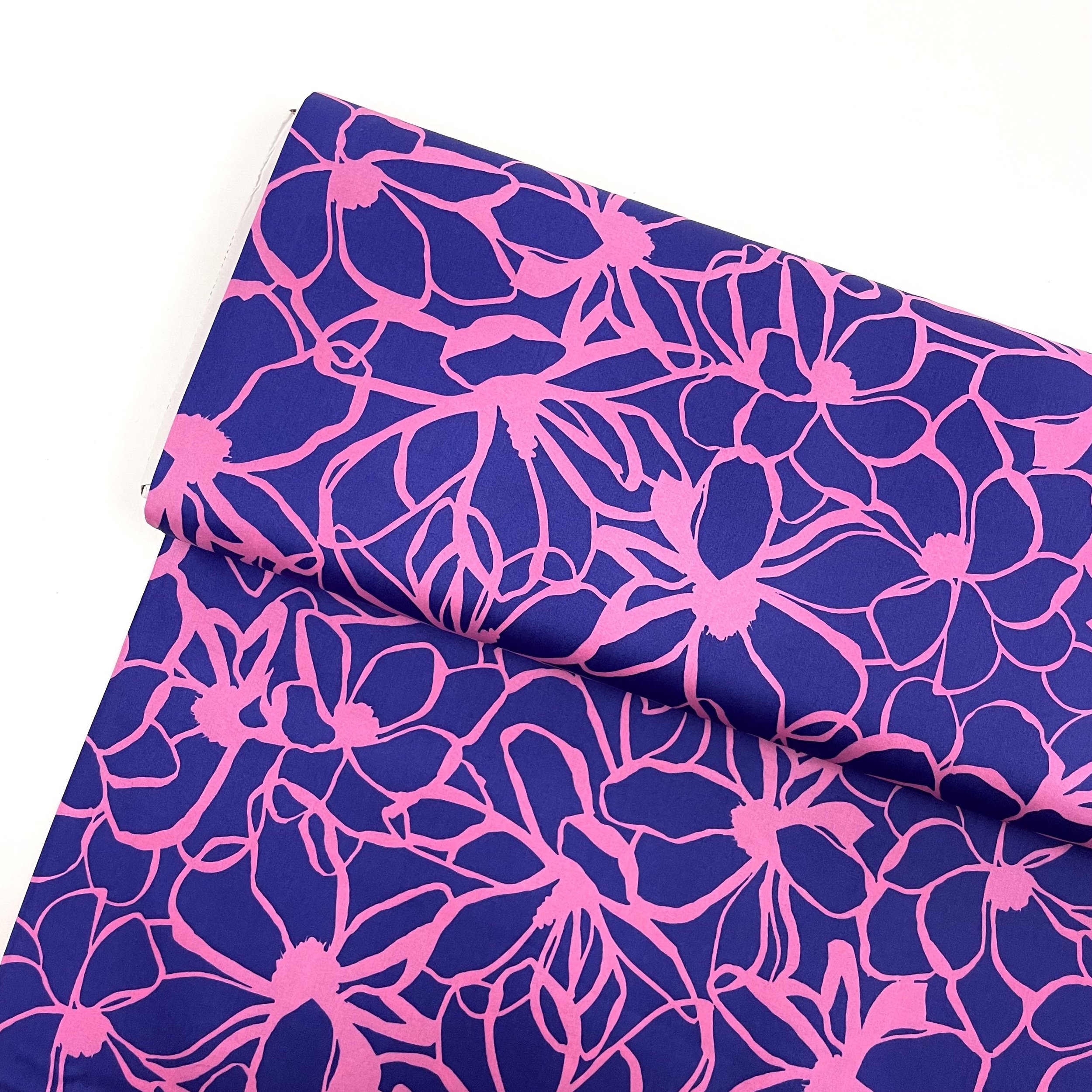 Hey Sew Sister - Nerida Hansen - Magnolia - Abstract Line Floral Print Cotton Satin Fabric - Royal Blue and Pink 1.jpeg