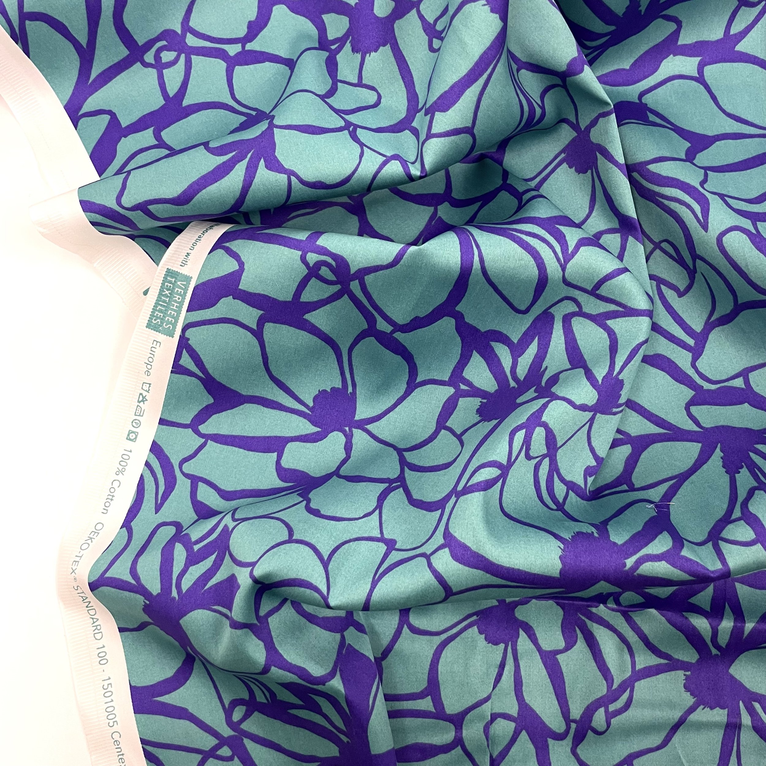 Hey Sew Sister - Nerida Hansen - Magnolia - Abstract Line Floral Print Cotton Satin Fabric - Seafoam Green and Purple 2.jpeg