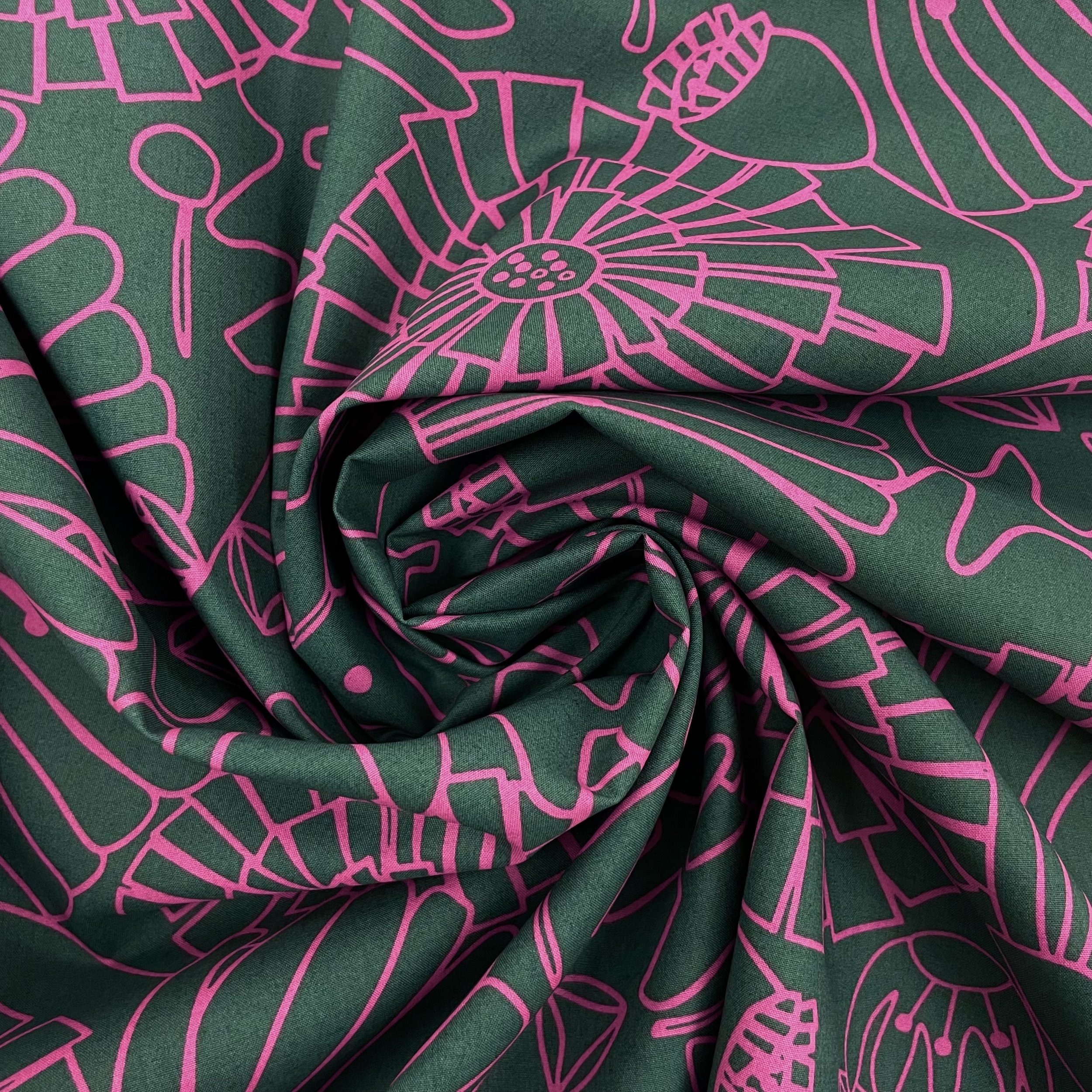 Hey Sew Sister - Nerida Hansen - Eden - Floral Line Drawn Printed Fine Cotton Poplin Fabric - Dark Green and Pink 3.jpeg