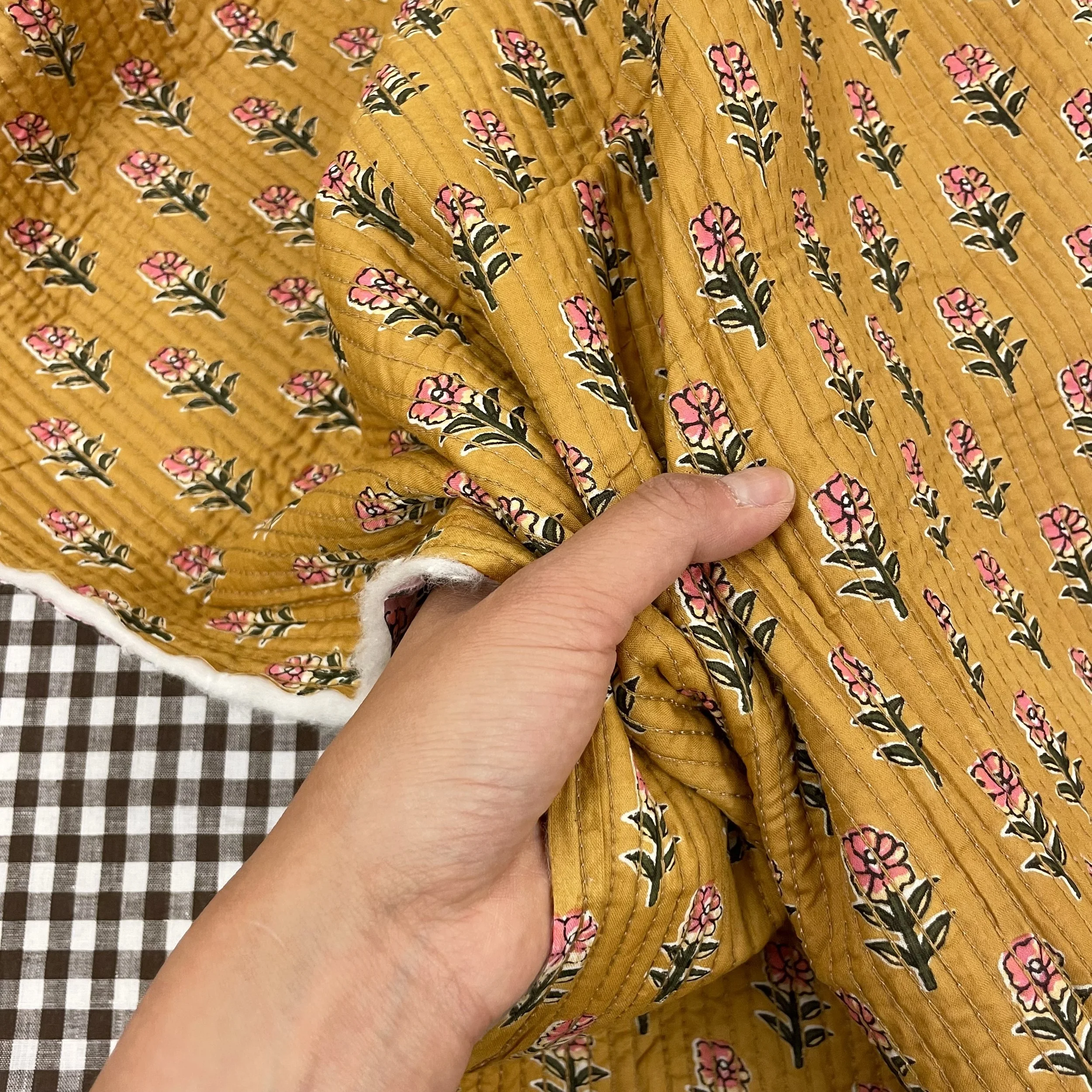 Hey Sew Sister - Double Sided Pre-Quilted Cotton Fabrcs - Block and screen printed Cotton - Marigold Yellow and Bubblegum Pink 2.jpeg