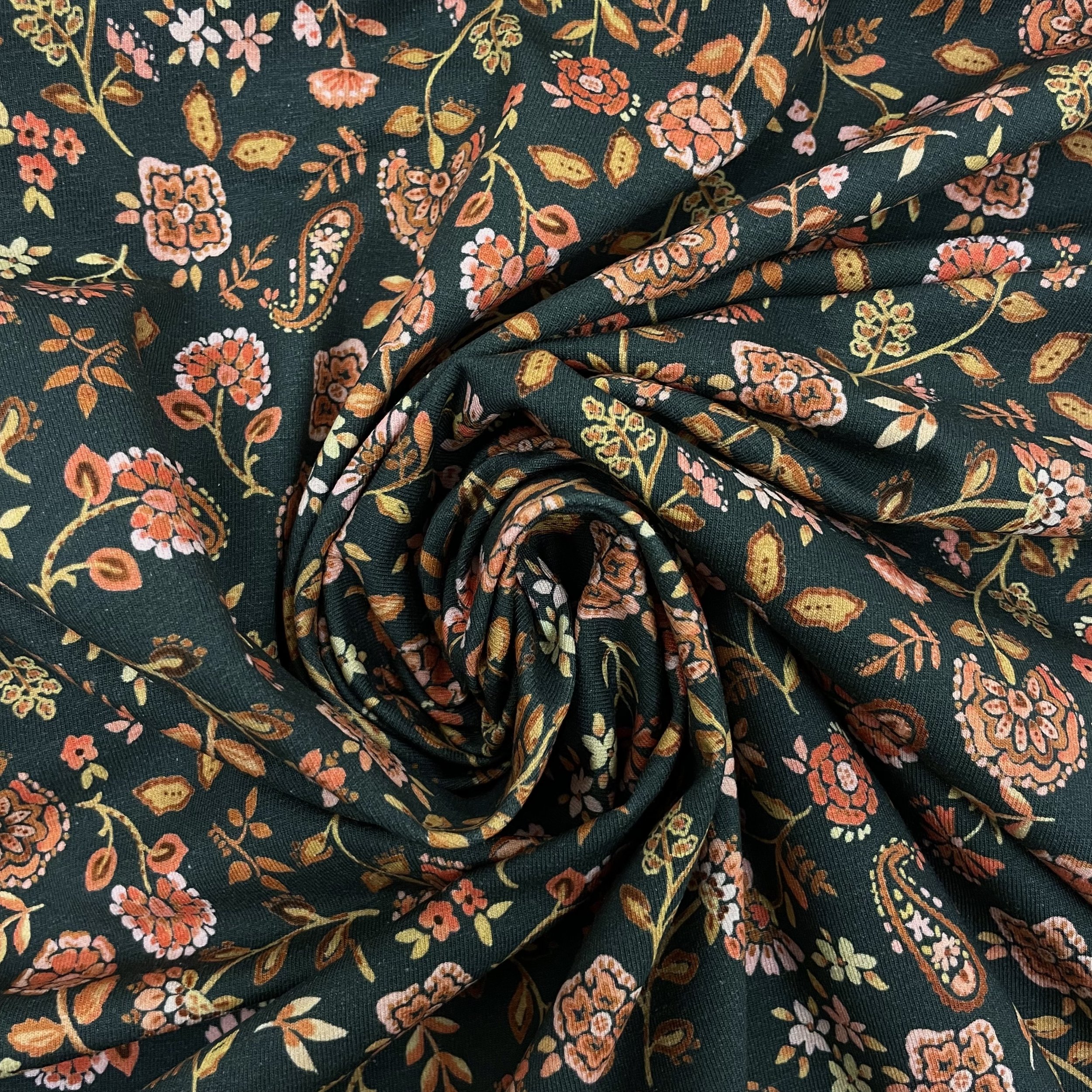Hey Sew Sister - Paisley Floral Army Green Cotton Jersey Fabric 3.jpeg