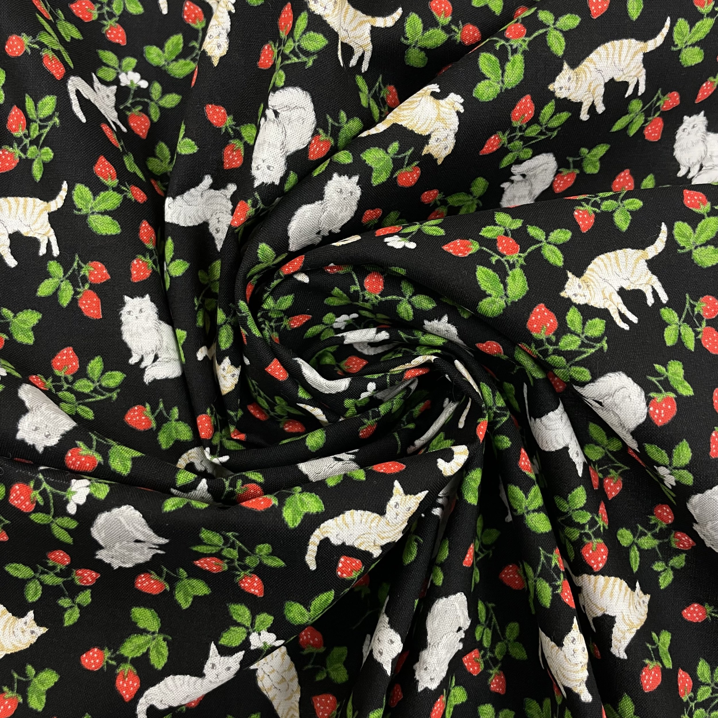 Hey Sew Sister - Strawberry Cats Printed Cotton Fabric - Black 3.jpeg