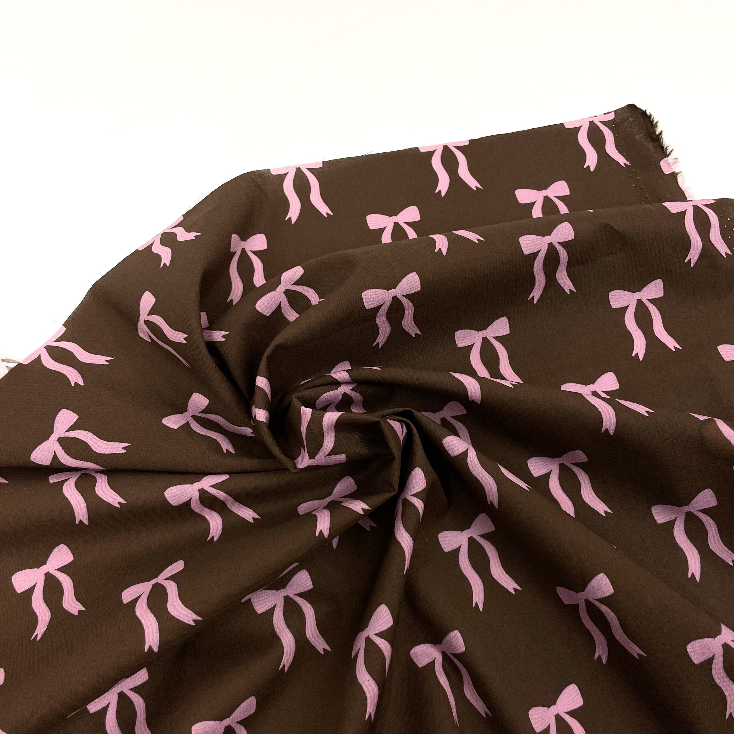Hey Sew Sister - Pigeon Wishes - Adorn You - Bow Print Fabric - Cotton Lawn Poplin Dressmaking Fabric - Pink and Brown - Gingerbread 3.jpeg