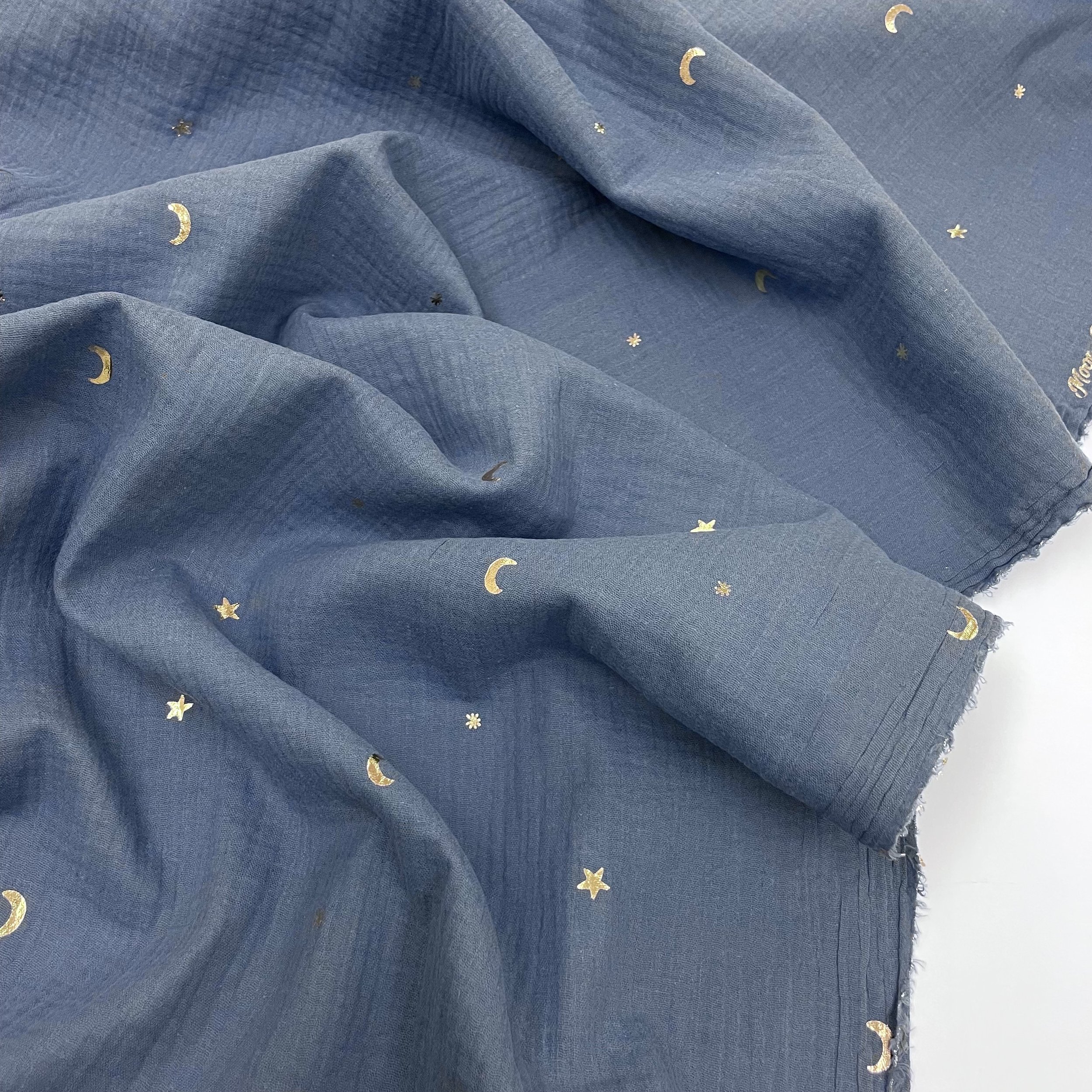 Hey Sew Sister - Night Sky - Foil Printed Cotton Double Gauze Fabric - Dusty Denim Blue 2.jpeg