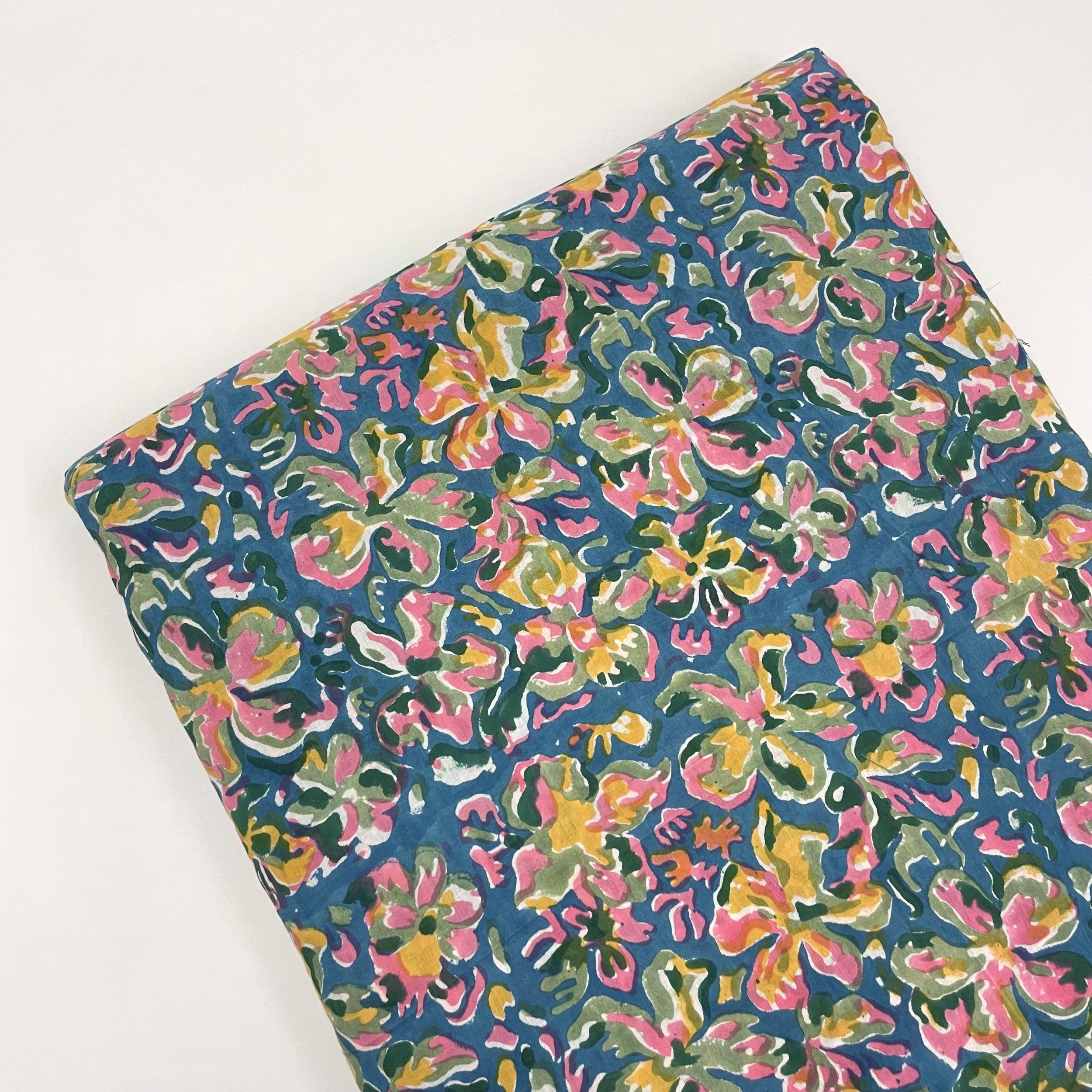 Hey Sew Sister - Abstract Floral - Traditional Indian Block Printed Cotton Fabric Floral for sewing dressmaking - Blue Pink Yellow Green 1.jpeg