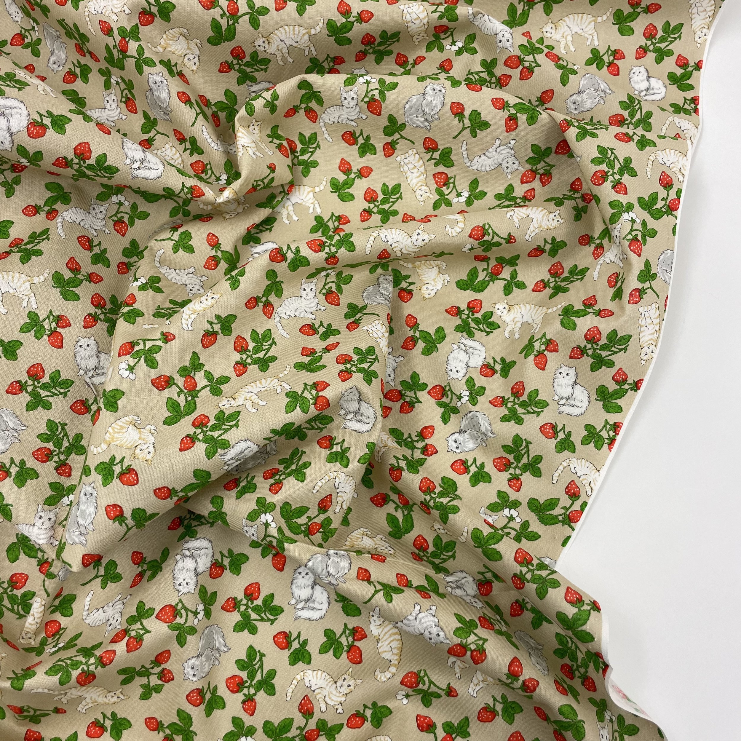 Hey Sew Sister - Strawberry Cats Printed Cotton Fabric - Milk Tea 2.jpeg