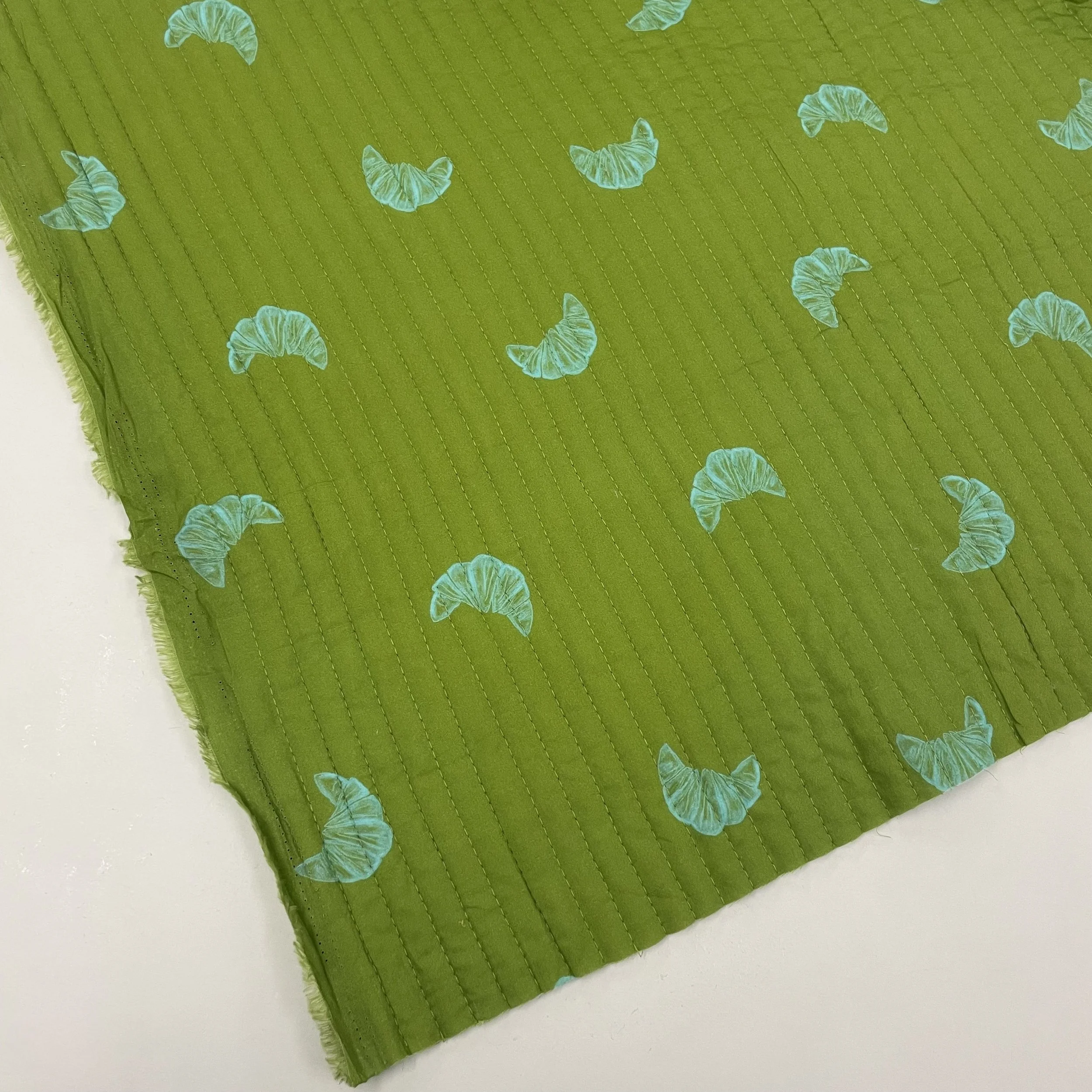 Hey Sew Sister - Exclusive Design - Croissant Queen - Croissant Print Green and Blue Quilted Cotton Fabric 1.jpeg