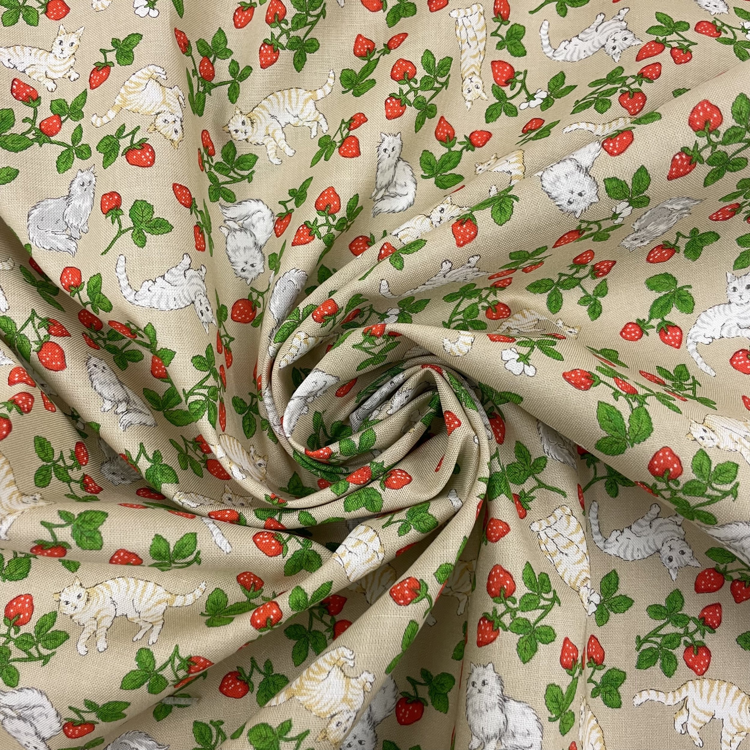 Hey Sew Sister - Strawberry Cats Printed Cotton Fabric - Milk Tea 3.jpeg