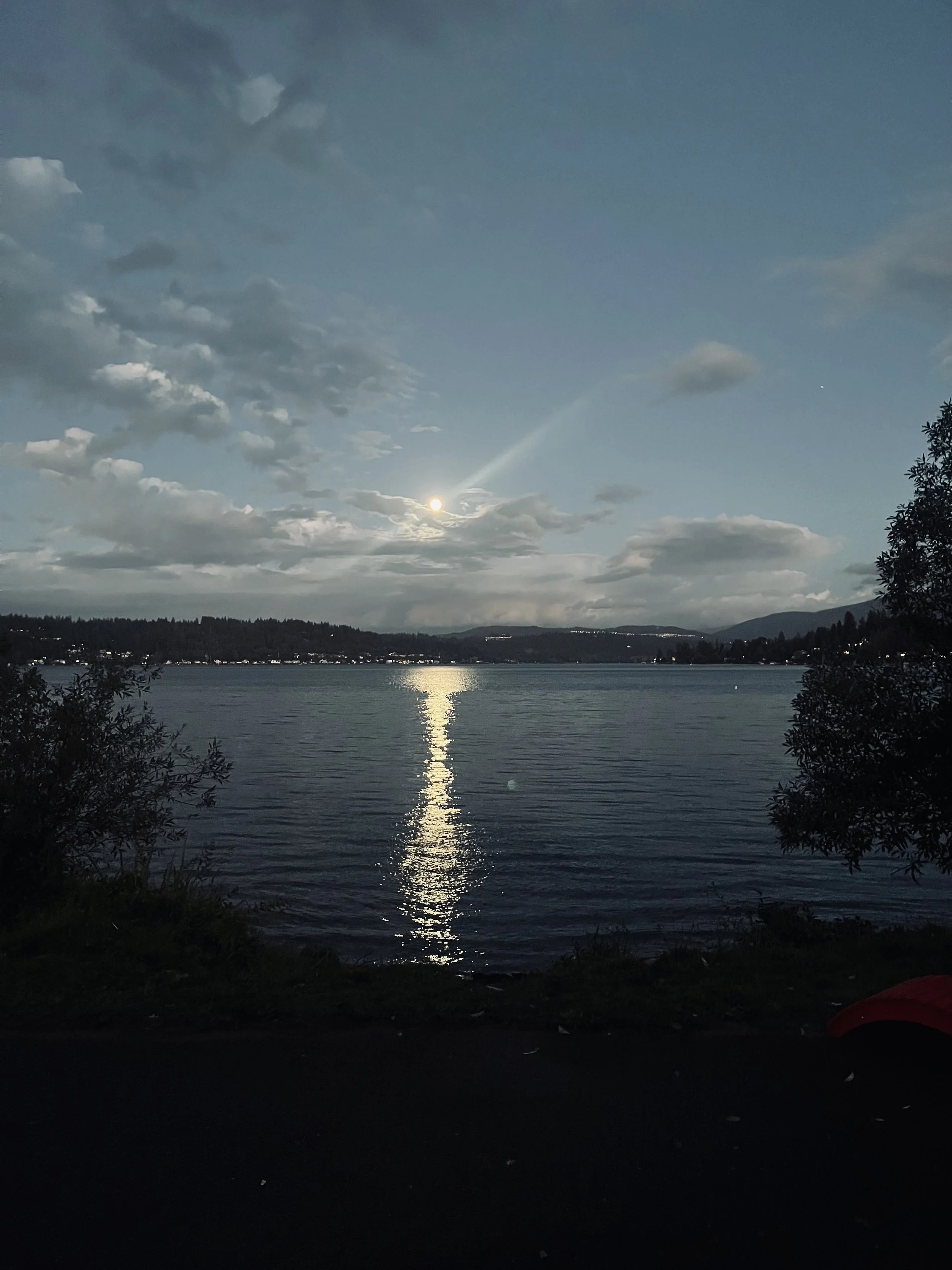 Nighttime scene of a lake with reflections of the moon, surrounded by trees and hills, with clouds in the sky.