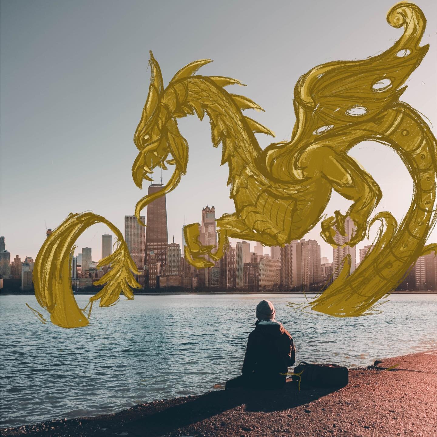 Day 19: The Worm That Ate Chicago
A little bit of a stretch, but I couldn&rsquo;t pass up having the iconic Drake Hotel&rsquo;s dragons taking a bite out of the Windy City! Definitely leaned on references really heavily here.
Brush: 6B Pencil
Photo C
