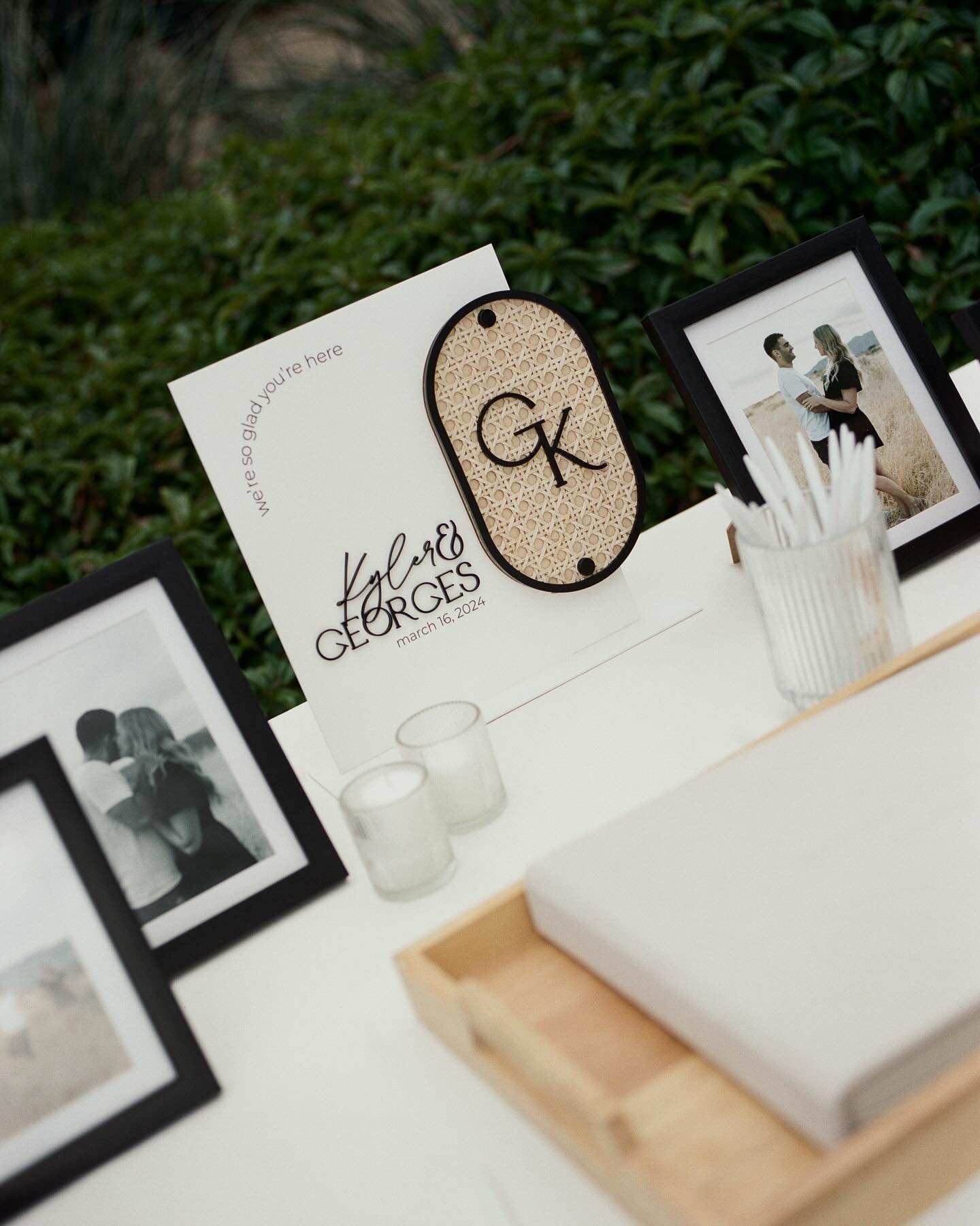 &mdash;WEDDING WEDNESDAY&mdash;

Today we are highlighting Kyler &amp; Georges beautiful wedding! We loved creating the sleek and chic design they wanted for their wedding! We also added the fun material of rattan cane webbing to give their signage a