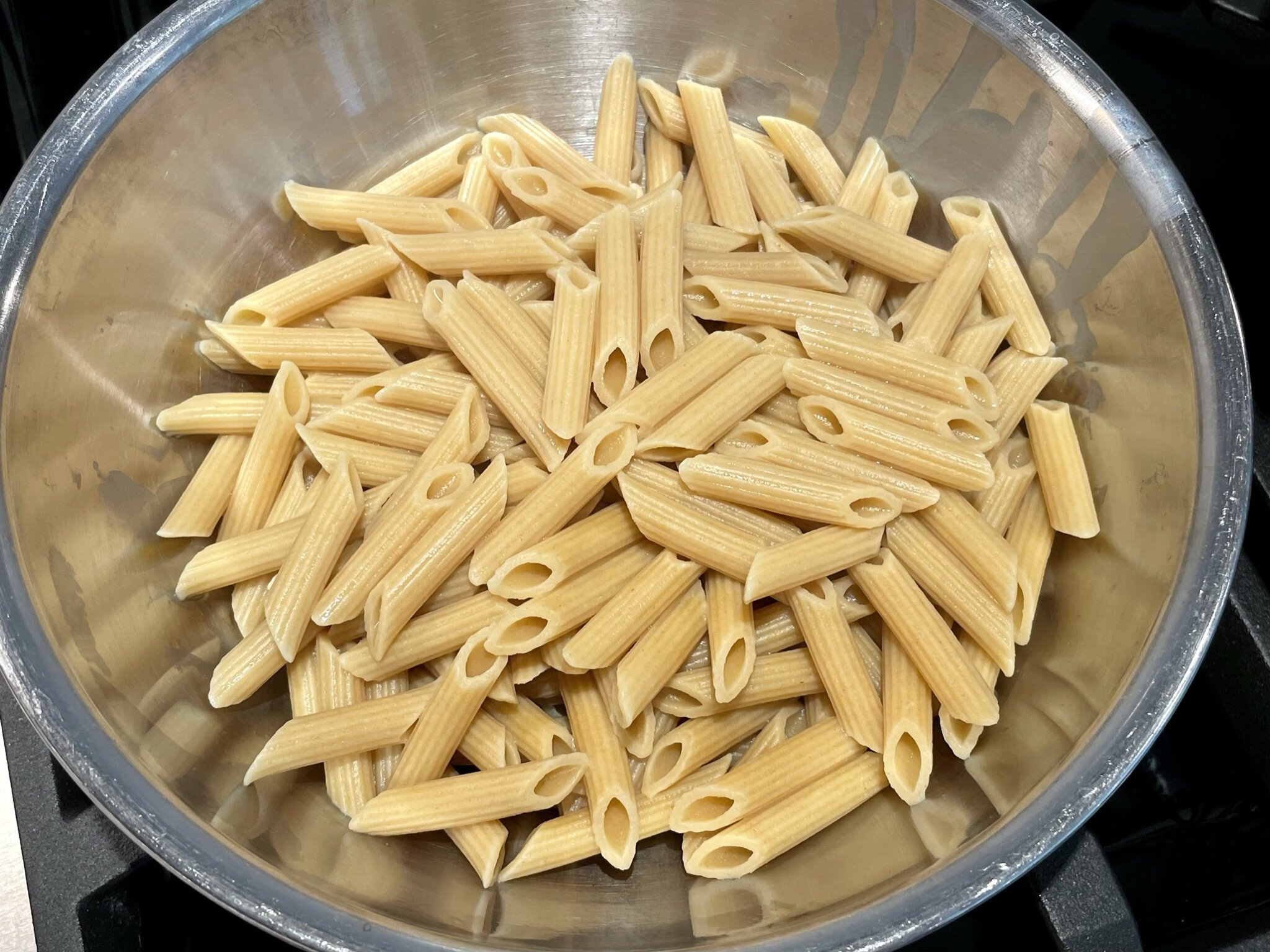 Drain pasta &amp; reserve liquid.