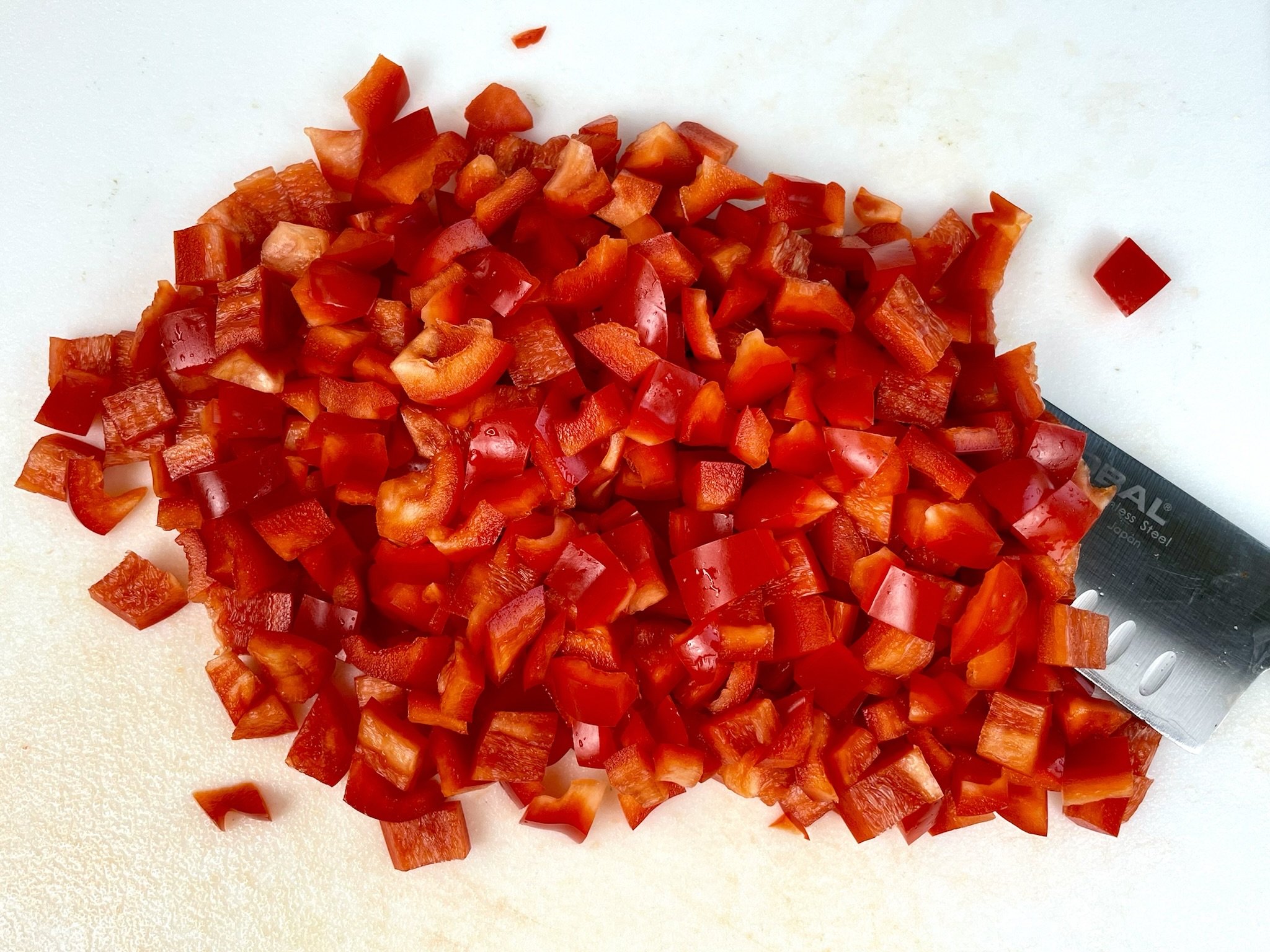 Diced red bell peppers.