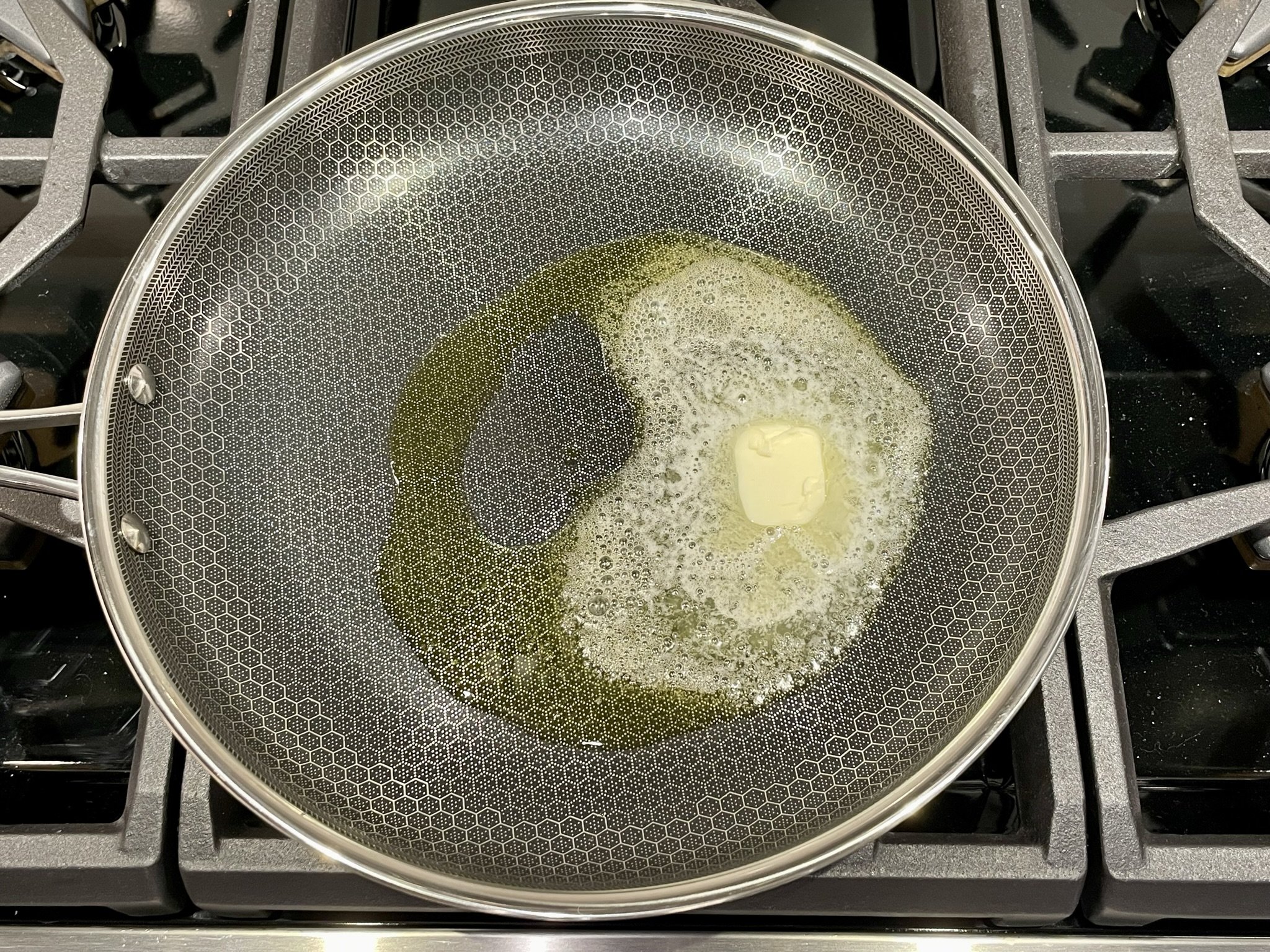Olive oil &amp; butter (foamy).