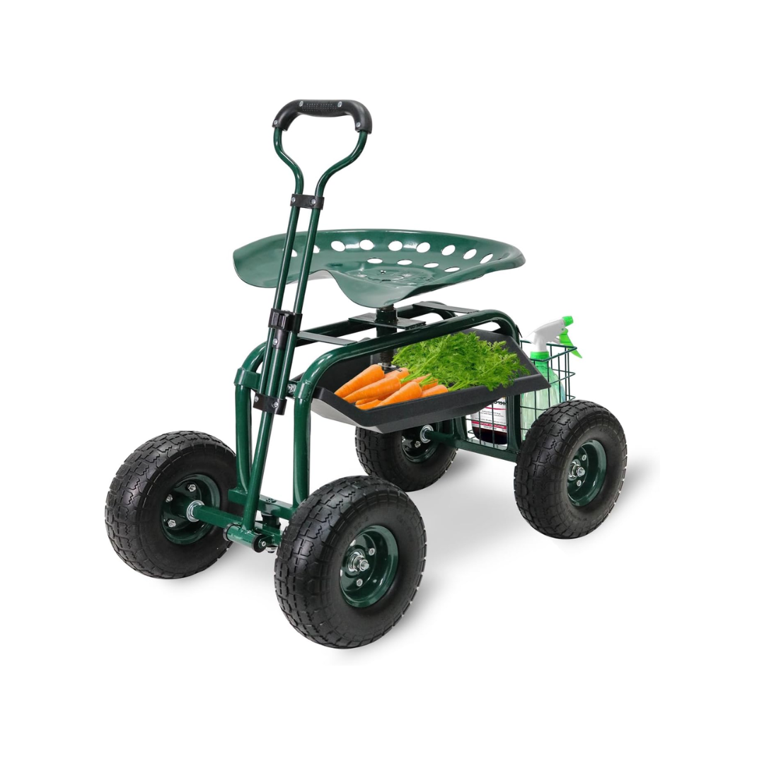 Rolling Garden Cart with Swivel Seat, Steering Handle & Utility Tool (31.5 × 18.1 × 33.8 Inches)