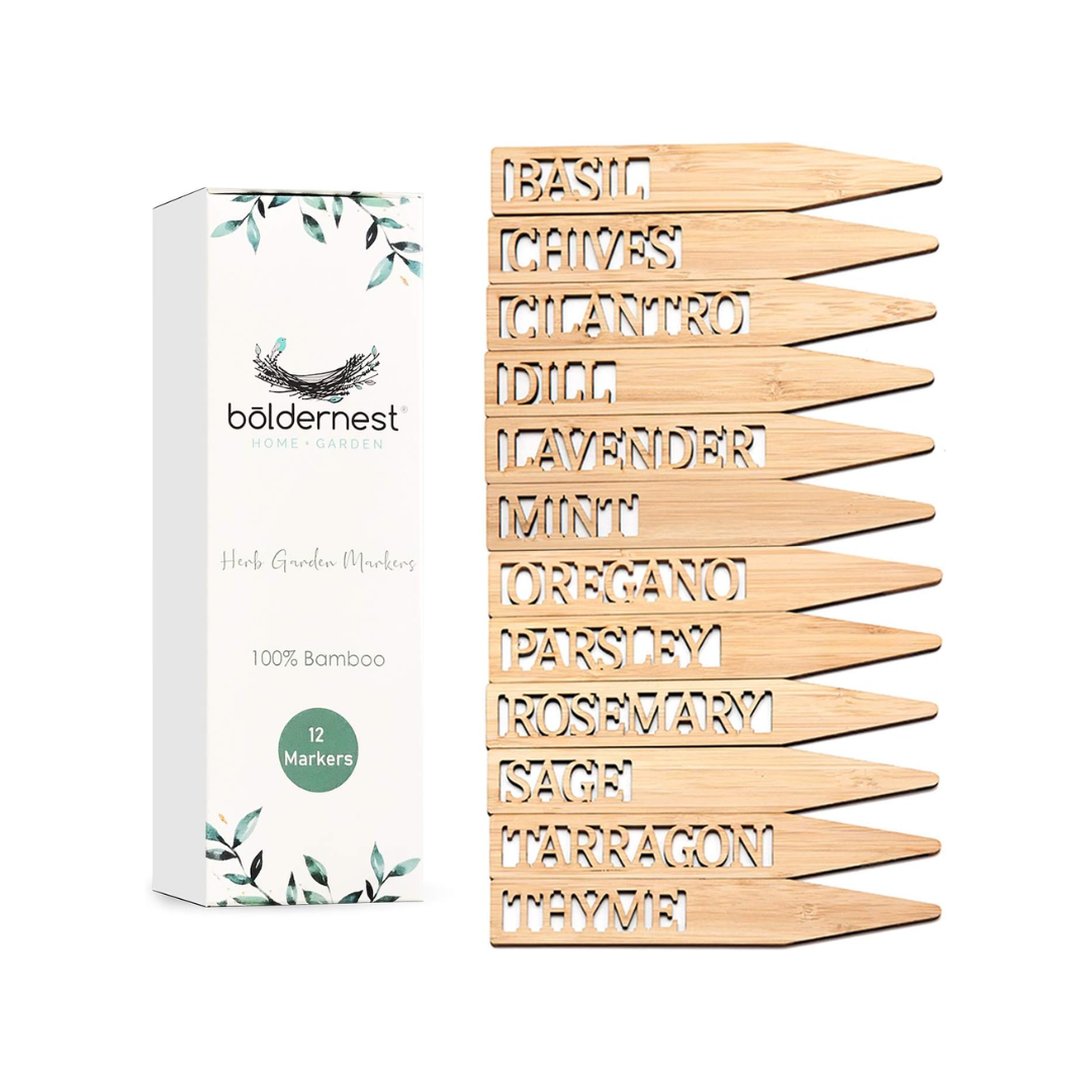 Boldernest Bamboo Pre-Printed Garden Labels for Herbs (12 Garden Stakes - .95 x 6 Inches)