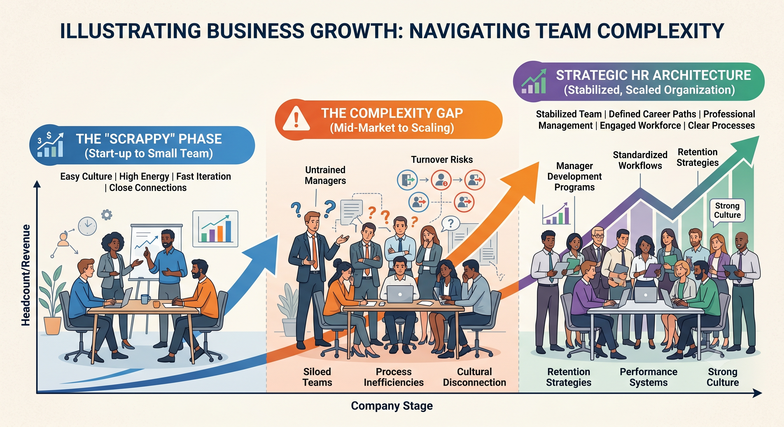 Infographic showing how a fractional HR partner closes the complexity gap for scaling Raleigh, NC businesses.