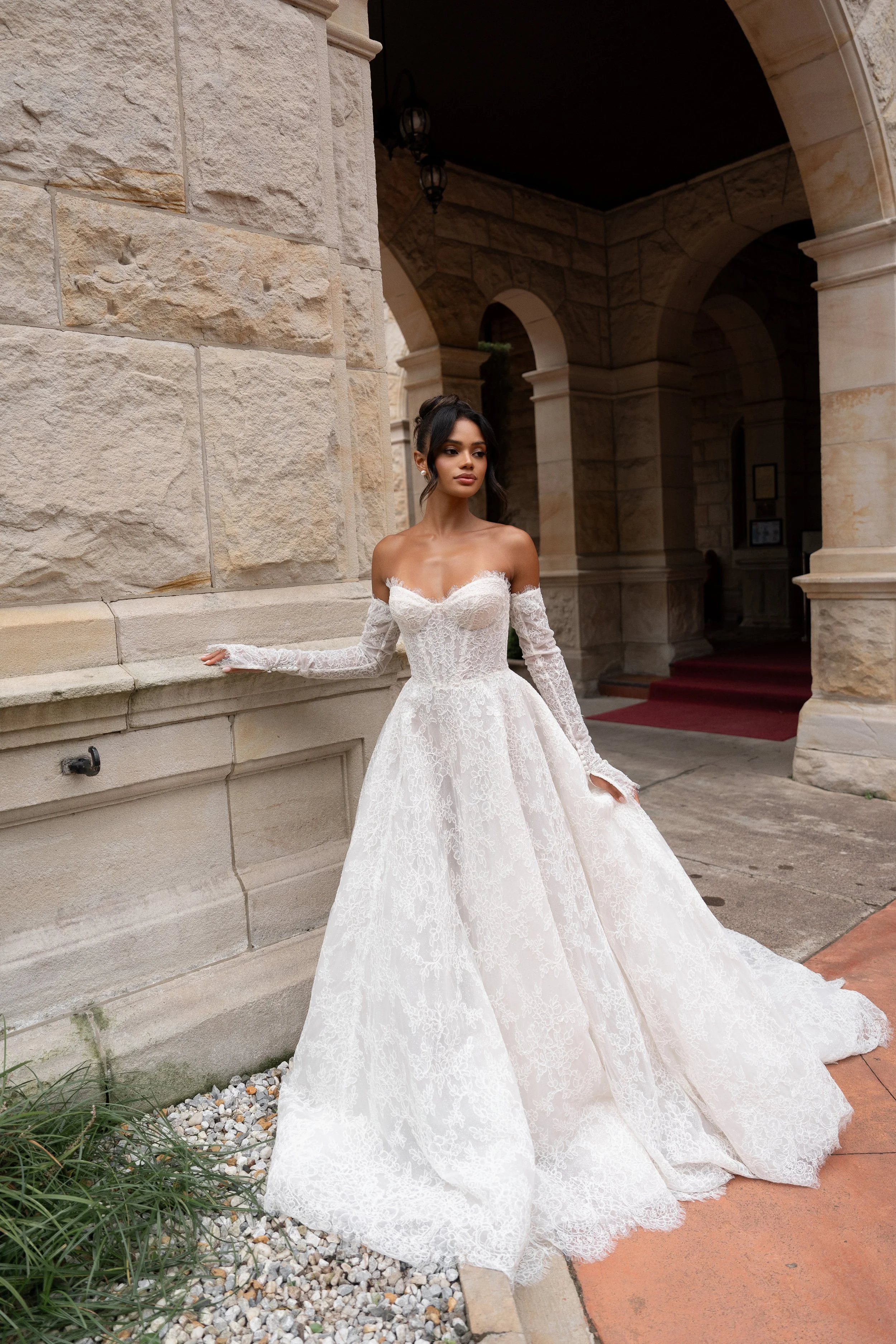 bride in chantilly lace wedding dress harper