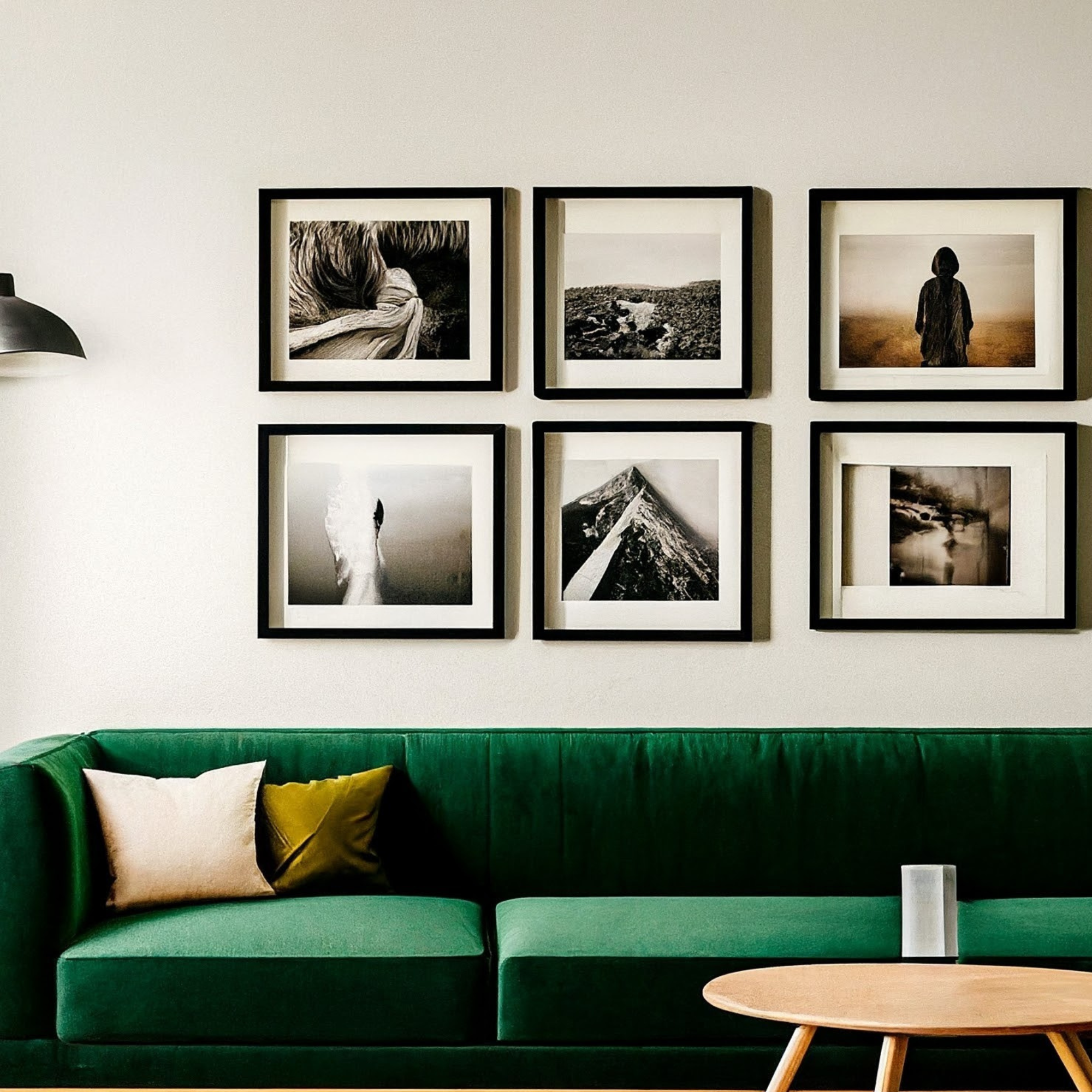 Gallery wall of prints and photographs, black and white and sepia above a deep green velvet couch