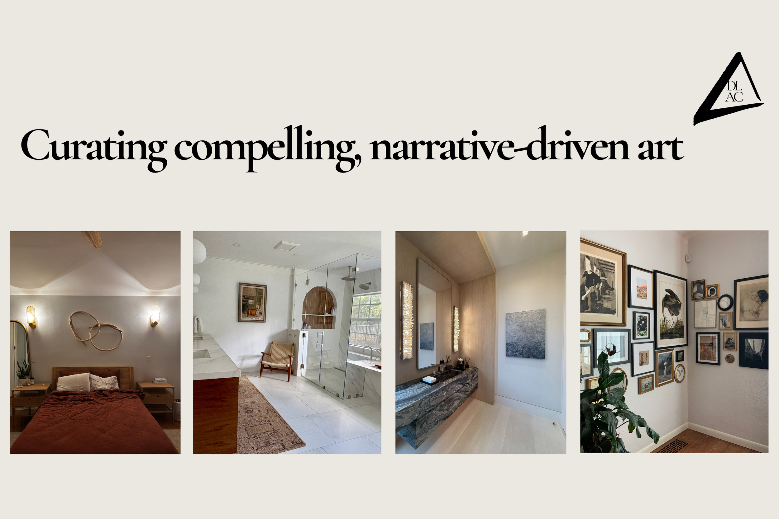 Collage of interior home spaces including bedrooms, bathrooms, and a gallery wall with framed artwork.