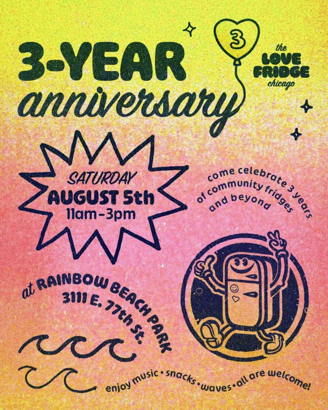 Love Fridge is celebrating our 3 year anniversary! Come out and celebrate with us at Rainbow Beach (southside) next Saturday 8/5 from 11 am -3pm. 

We'll be posted up on the south side of the beach.  Enter the park on Farragut  off S Lake Shore Drive