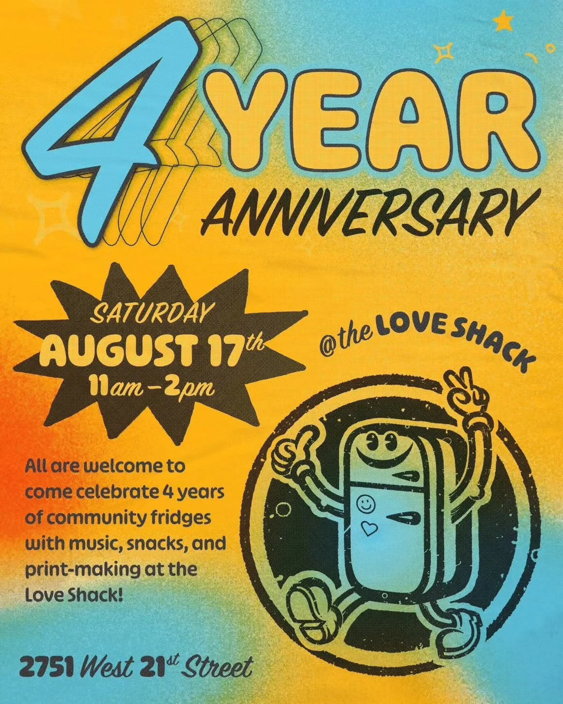 Love Fridge is celebrating our 4 year anniversary!!! Everyone is invited to join us at the original Love Fridge, the Love Shack (2751 W 21st St), in Little Village next Saturday August 17th from 11am-2pm. We'll have music, snacks, on site printmaking