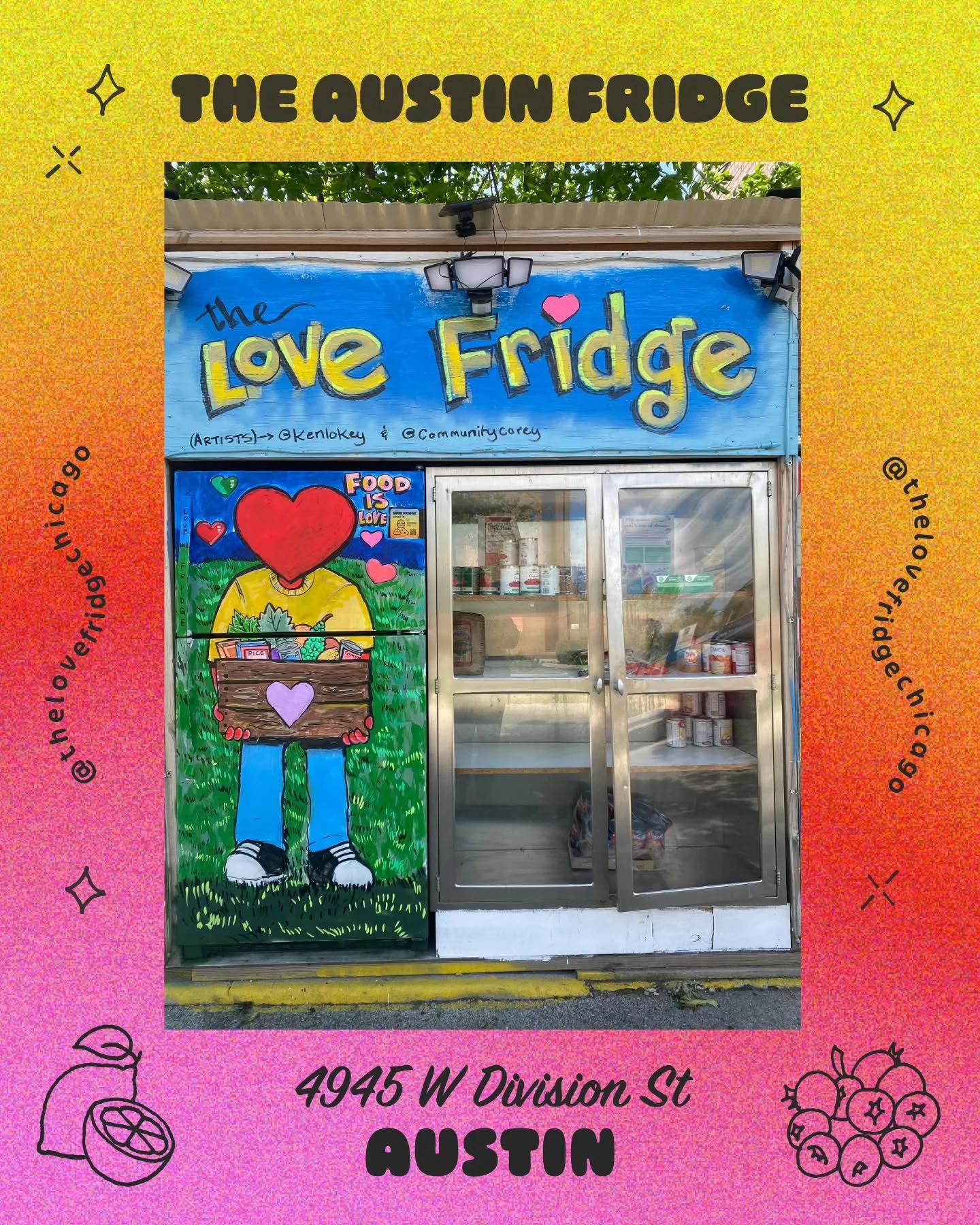 The Austin Love Fridge is hosted by Bethel New Life @bethelnew4950 and is located at 4945 W. Division Street. It was established in the summer of 2024, and finally got it's first paint job thanks to the talented @kenlokey and @communitycorey ! Feel f