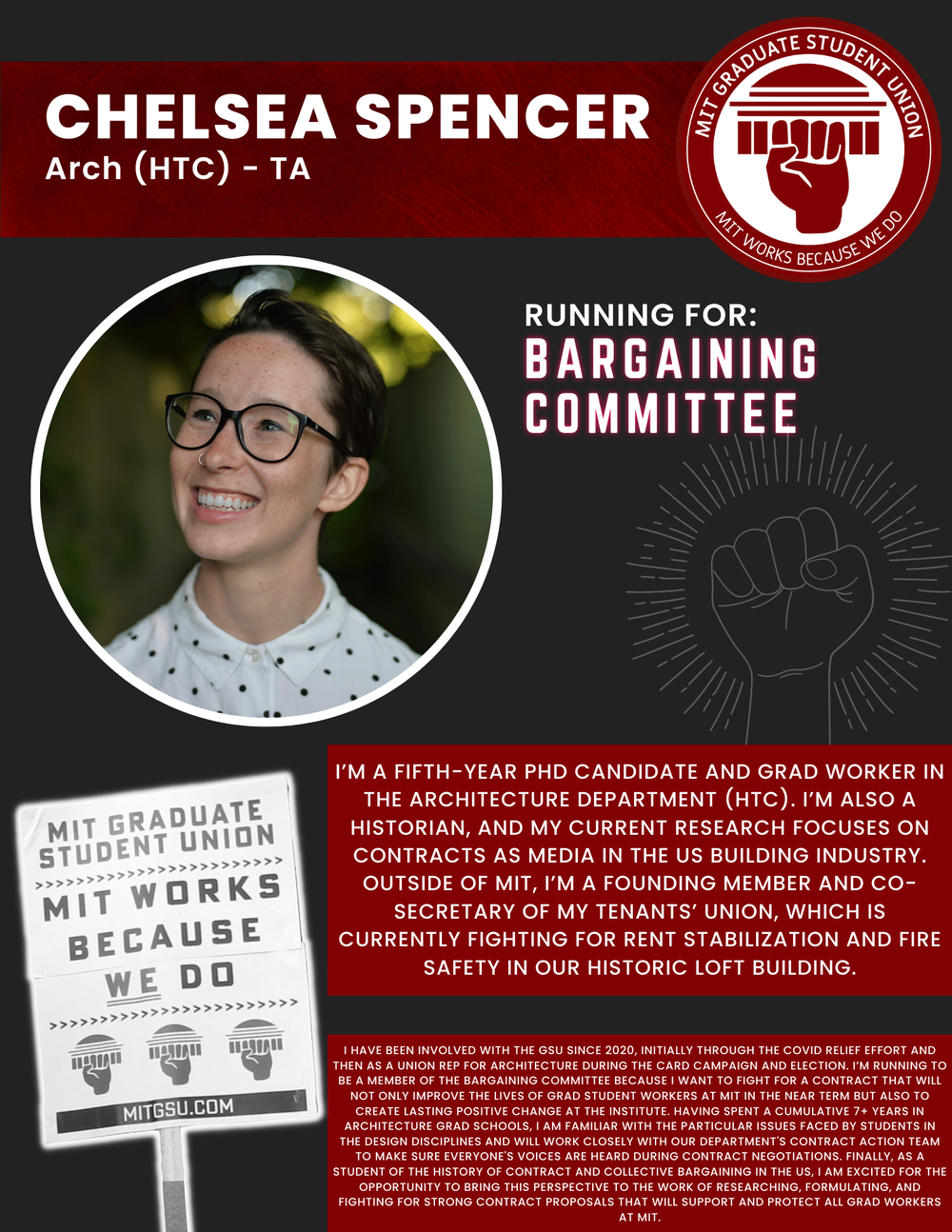  CHELSEA SPENCER Arch (HTC) - TA   RUNNING FOR: Bargaining Committee  I’M A FIFTH-YEAR PHD CANDIDATE AND GRAD WORKER IN THE ARCHITECTURE DEPARTMENT (HTC). I’M ALSO A HISTORIAN, AND MY CURRENT RESEARCH FOCUSES ON CONTRACTS AS MEDIA IN THE US BUILDING 
