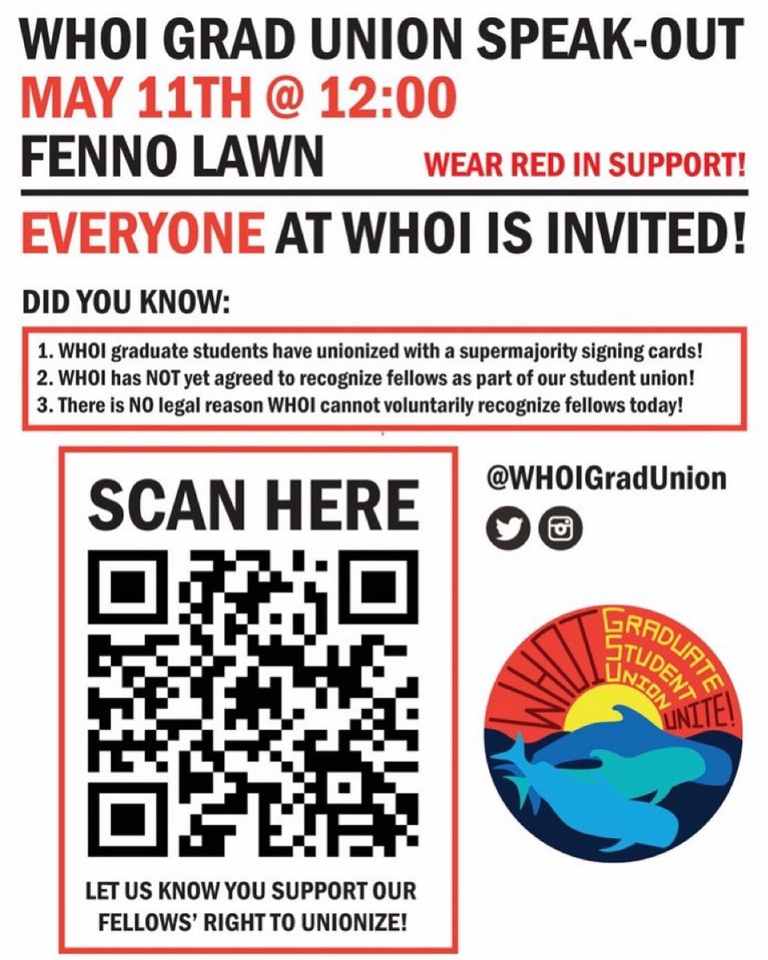 Come out to FENNO patio today at noon to show your support for inclusion of ALL graduate workers in the WHOI Graduate Union ☀️