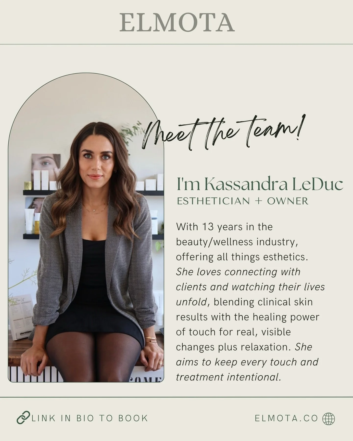 Meet the Team ✨

Kassandra LeDuc~ Owner &amp; Esthetician

Years in the industry:
13 years

Specialties:
All things esthetics

What do you love most about what you do?
Building long-term relationships with my clients while combining results-driven sk