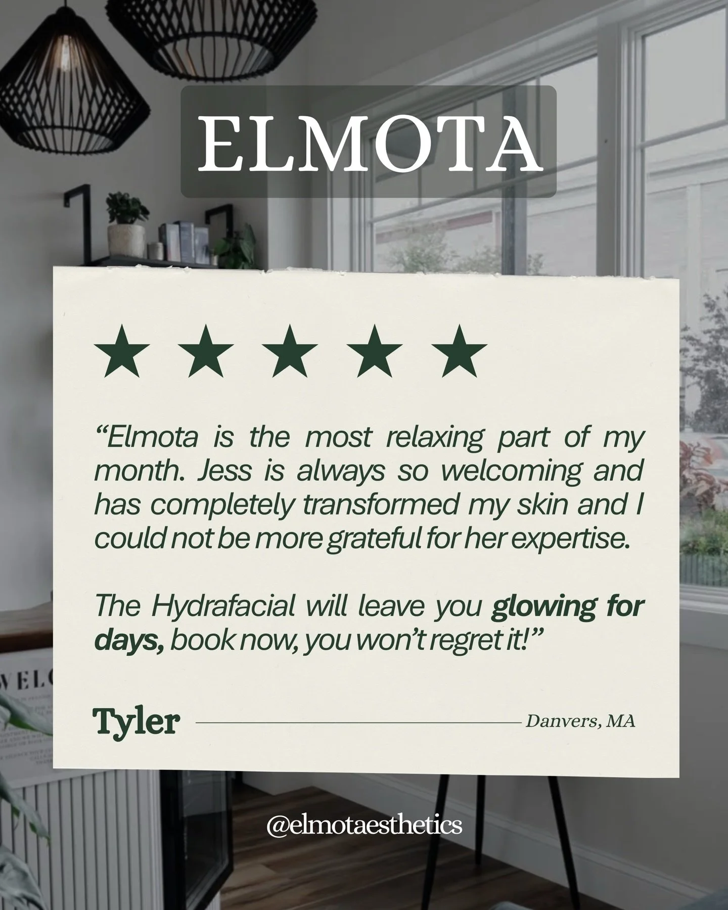 Your monthly reset starts here ✨
Relax, recharge, and leave glowing for days.

Book your Hydrafacial &amp; experience skincare that feels as good as it looks for yourself!!
__________
📍44 Maple St, Unit D, Danvers
🌐 Elmota.co
📞 (978) 560-3117